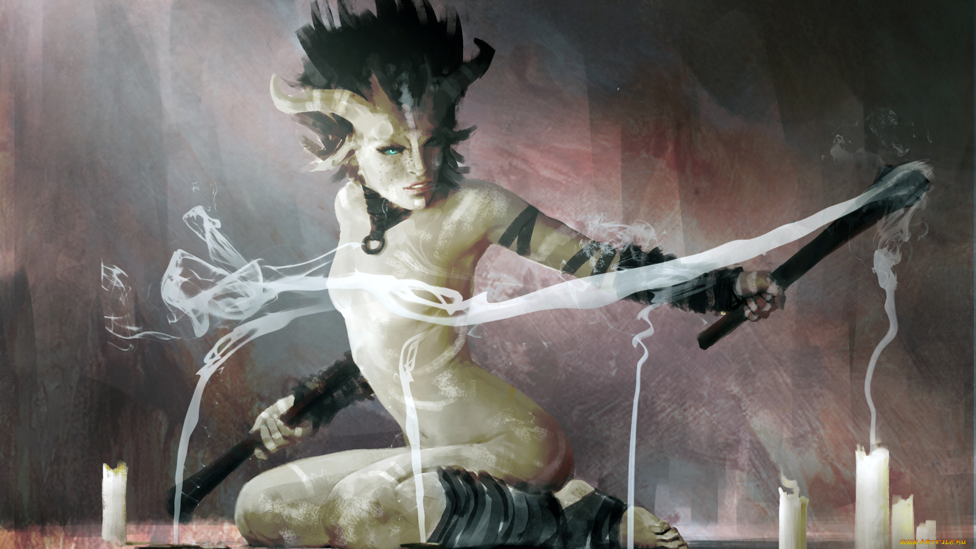 фэнтези, демоны, взгляд, демоница, igor, kieryluk, арт, фантастика, дым, свечи