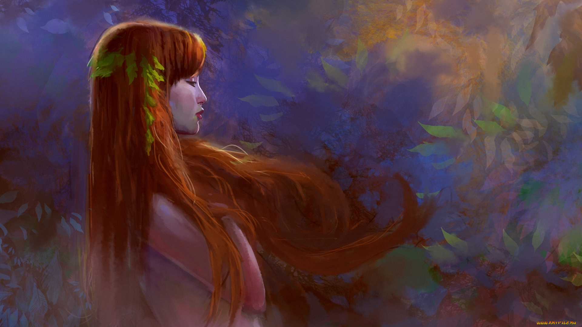 рисованное, люди, девушка, рыжеволосая, ветер, листья