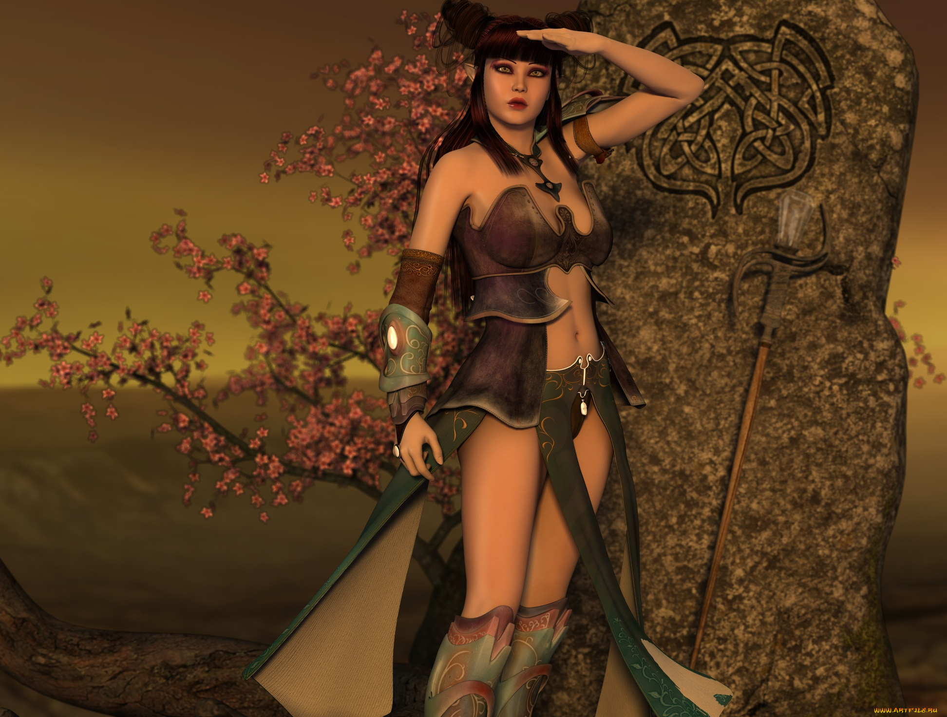 3д, графика, амазонки, , amazon, шест, знак, камень, сакура, фон, взгляд, девушка