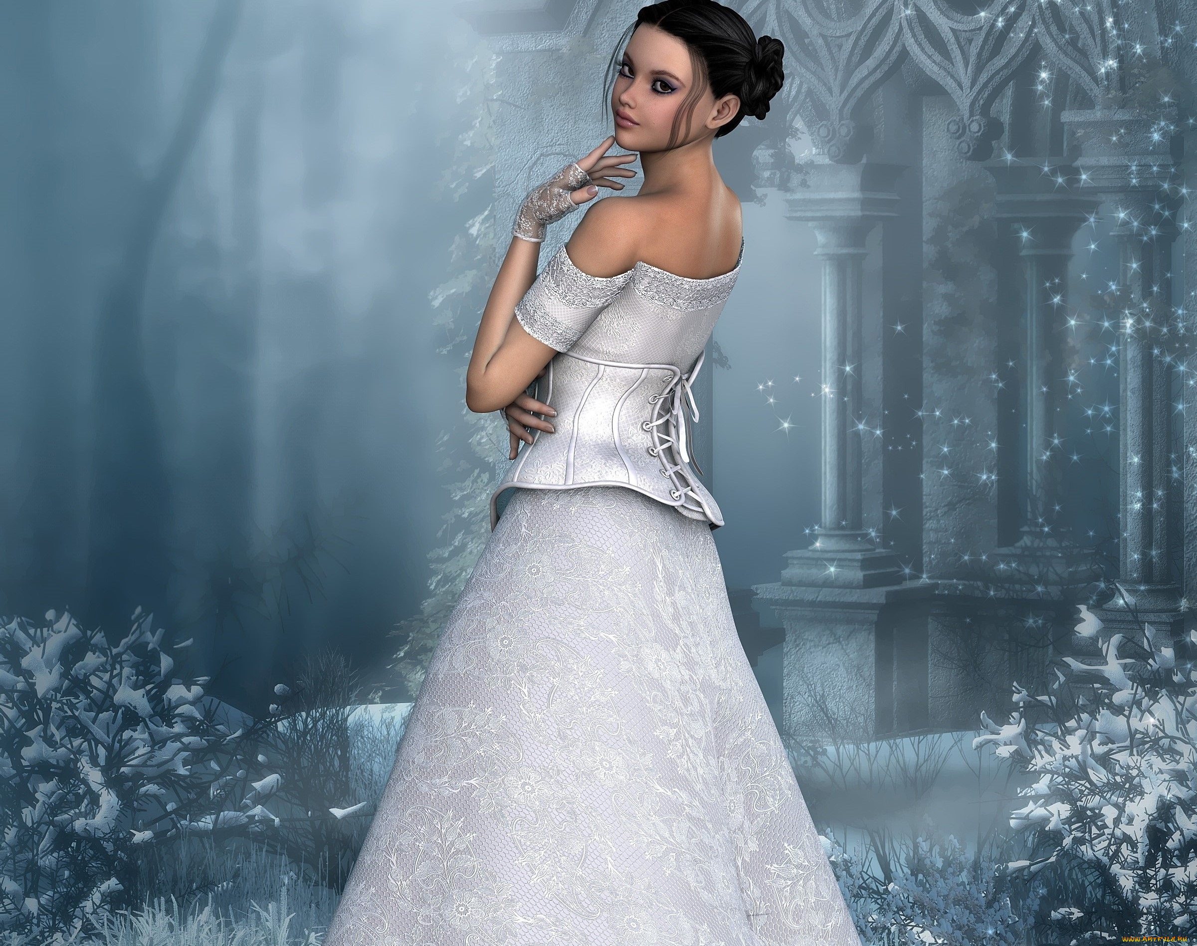 3д, графика, люди, , people, девушка, взгляд, фон, платье