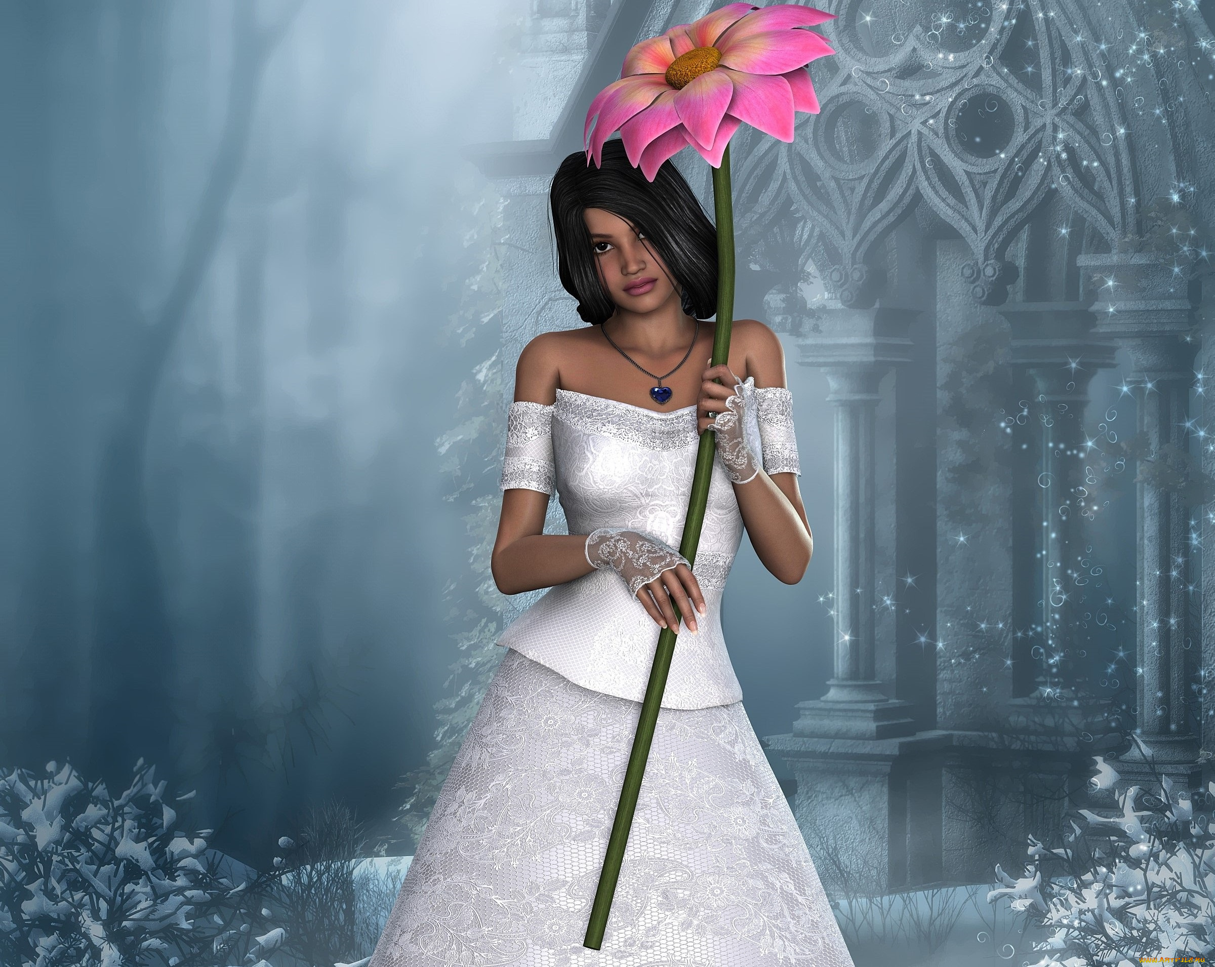 3д, графика, люди, , people, цветок, платье, фон, взгляд, девушка