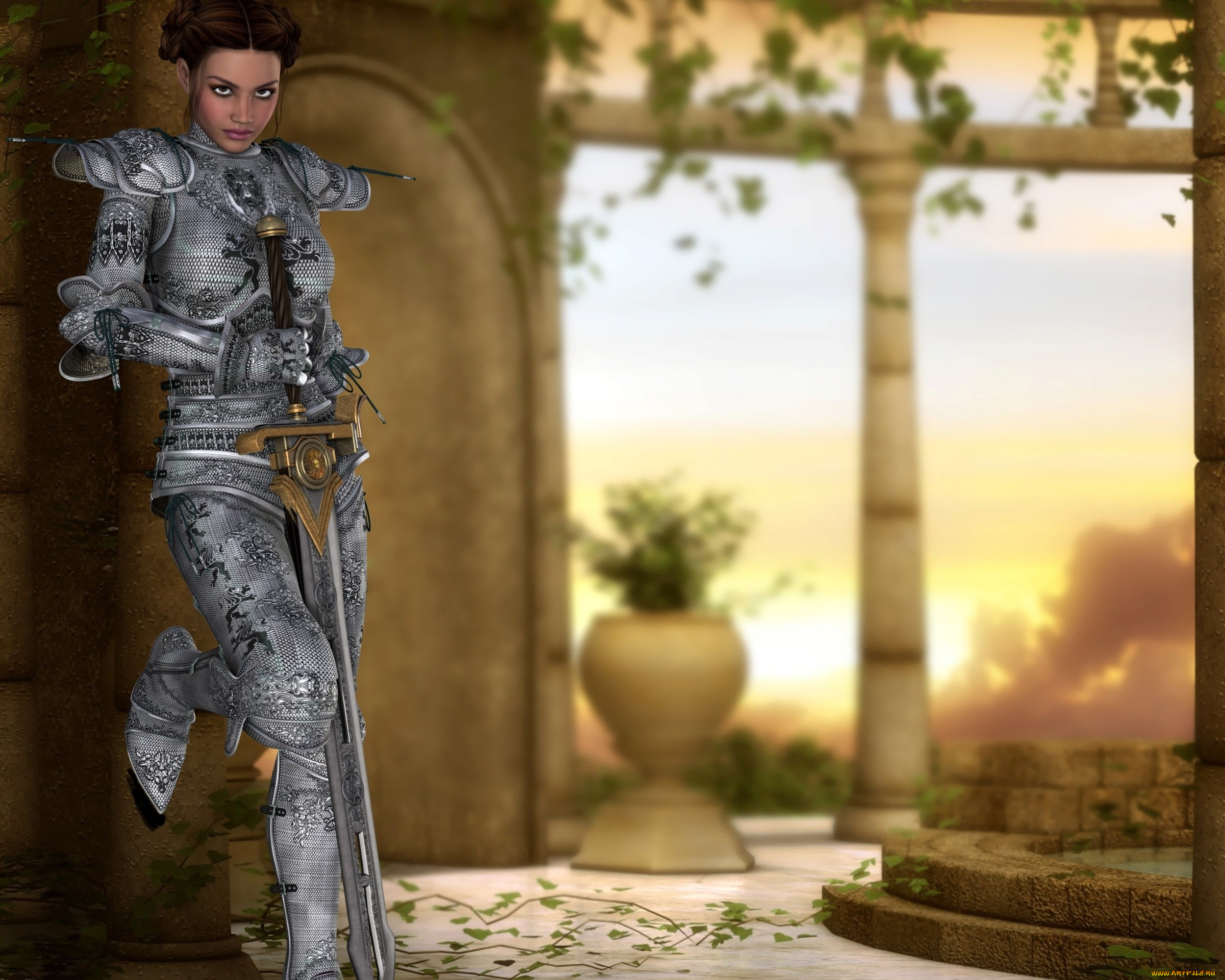 3д, графика, амазонки, , amazon, фон, доспехи, взгляд, девушка