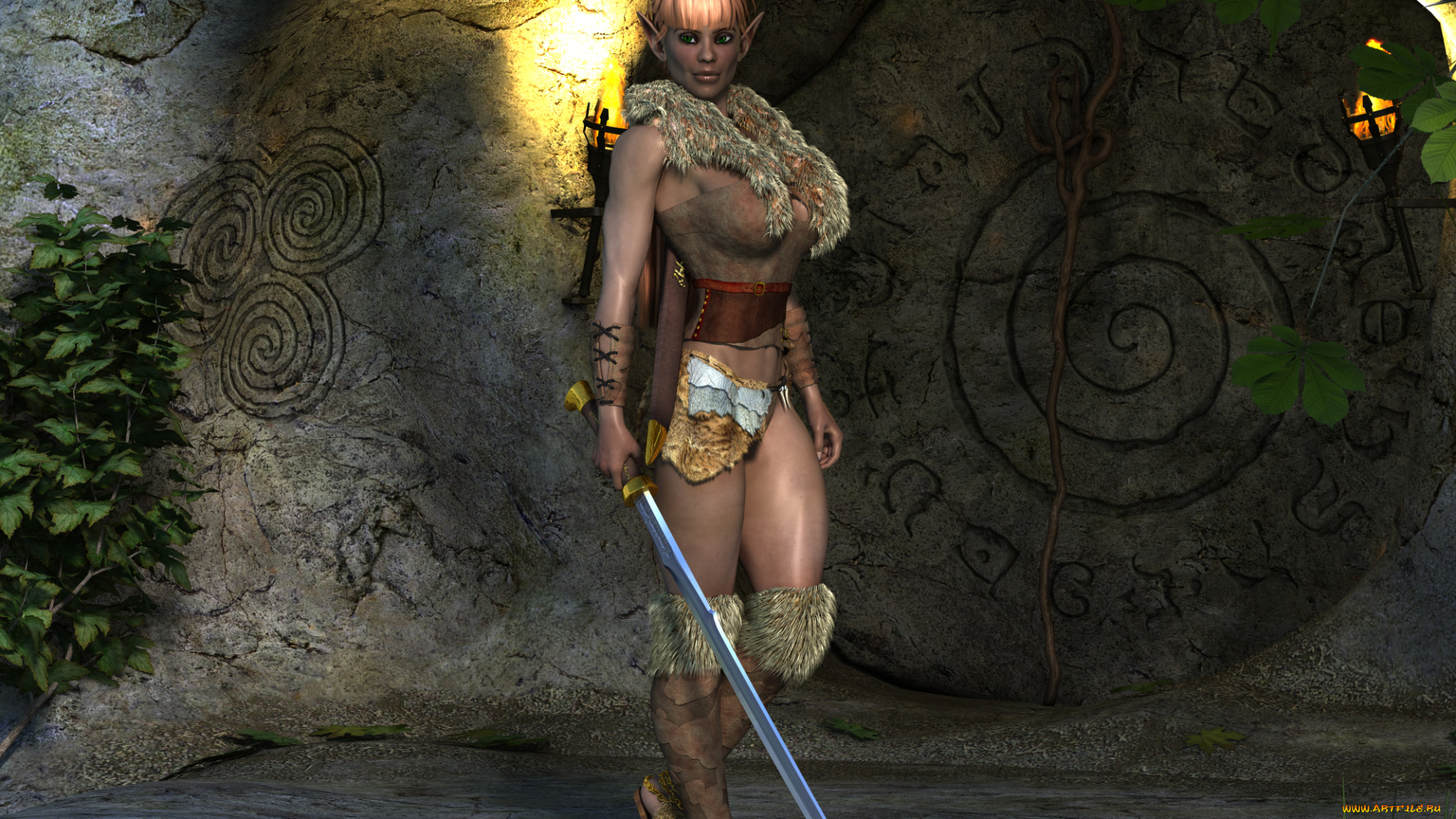 3д, графика, эльфы, , elves, эльфийка, оружие, фон, взгляд