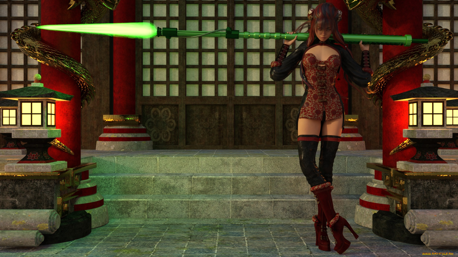 3д, графика, фантазия, , fantasy, девушка, взгляд, фон, оружие