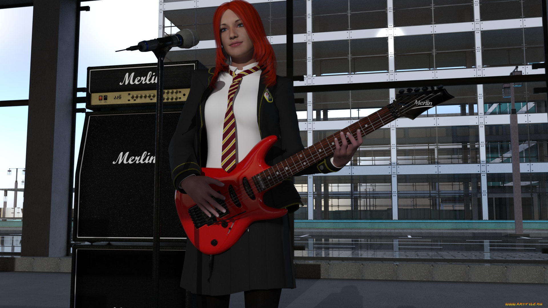 3д, графика, люди, , people, взгляд, девушка, гитара, фон