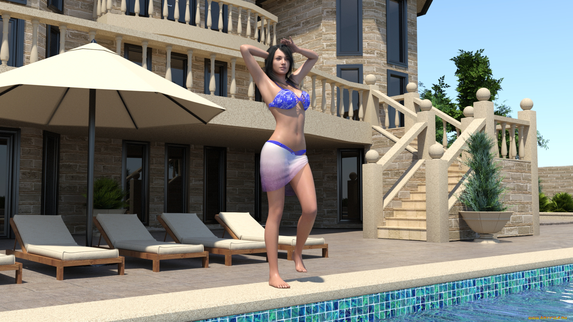 3д, графика, люди, , people, взгляд, девушка, бассейн, фон