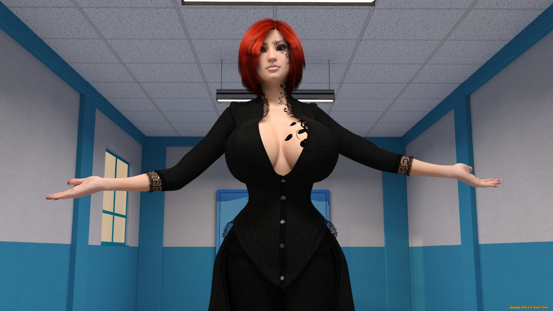 3д, графика, люди, , people, взгляд, девушка, рыжая, фон