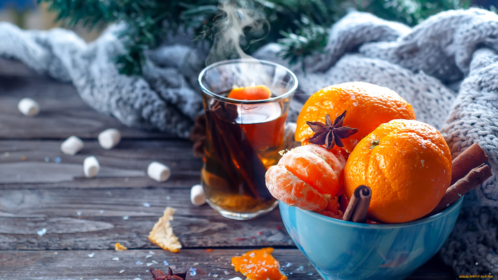 еда, цитрусы, чашка, ветки, свитер, ваниль, корица, чай, пар, миска, мандарины, ёлка