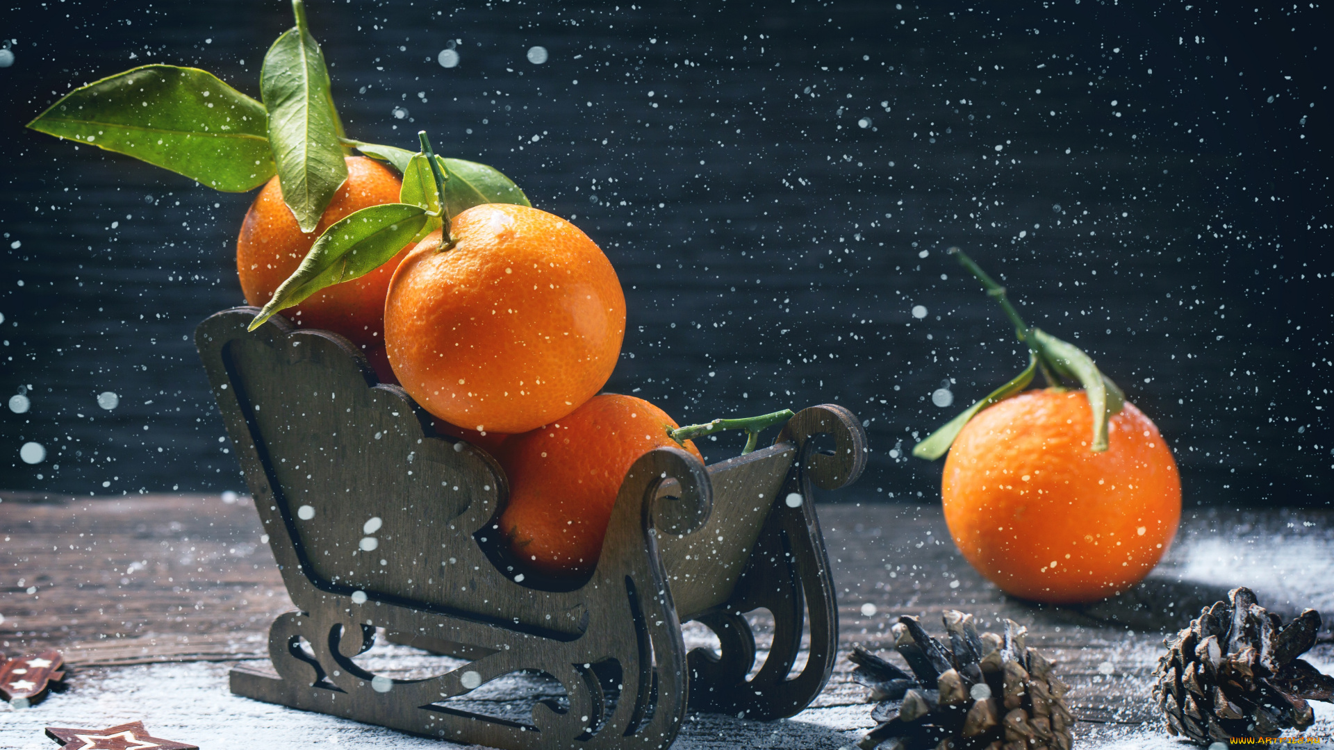 еда, цитрусы, доски, новый, год, праздник, зима, шишки, мандарины, фрукты, сани