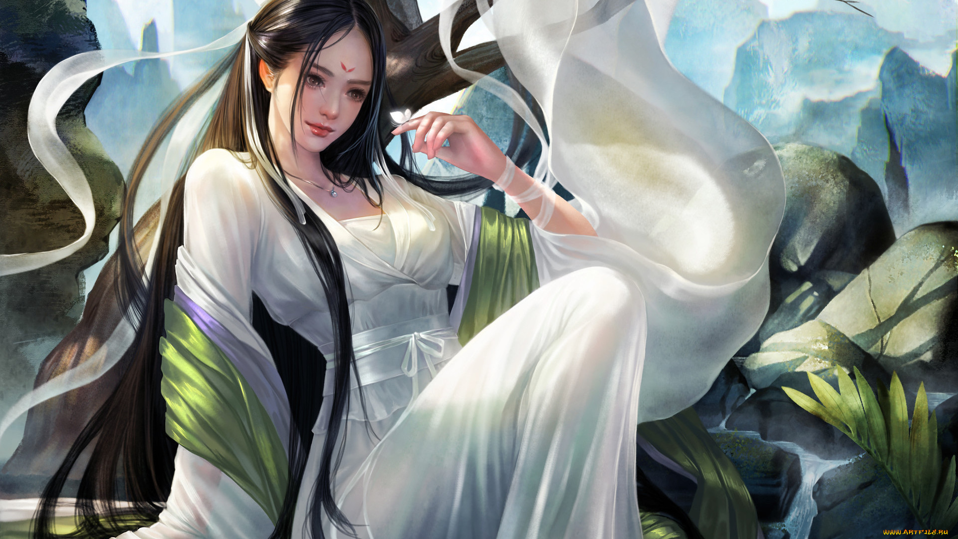 фэнтези, девушки, девушка, сидит, взгляд, арт, природа, бабочка, платье, поза