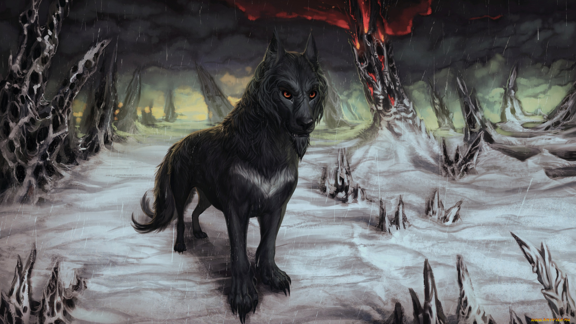 рисованное, животные, , волки, лес, снег, волк