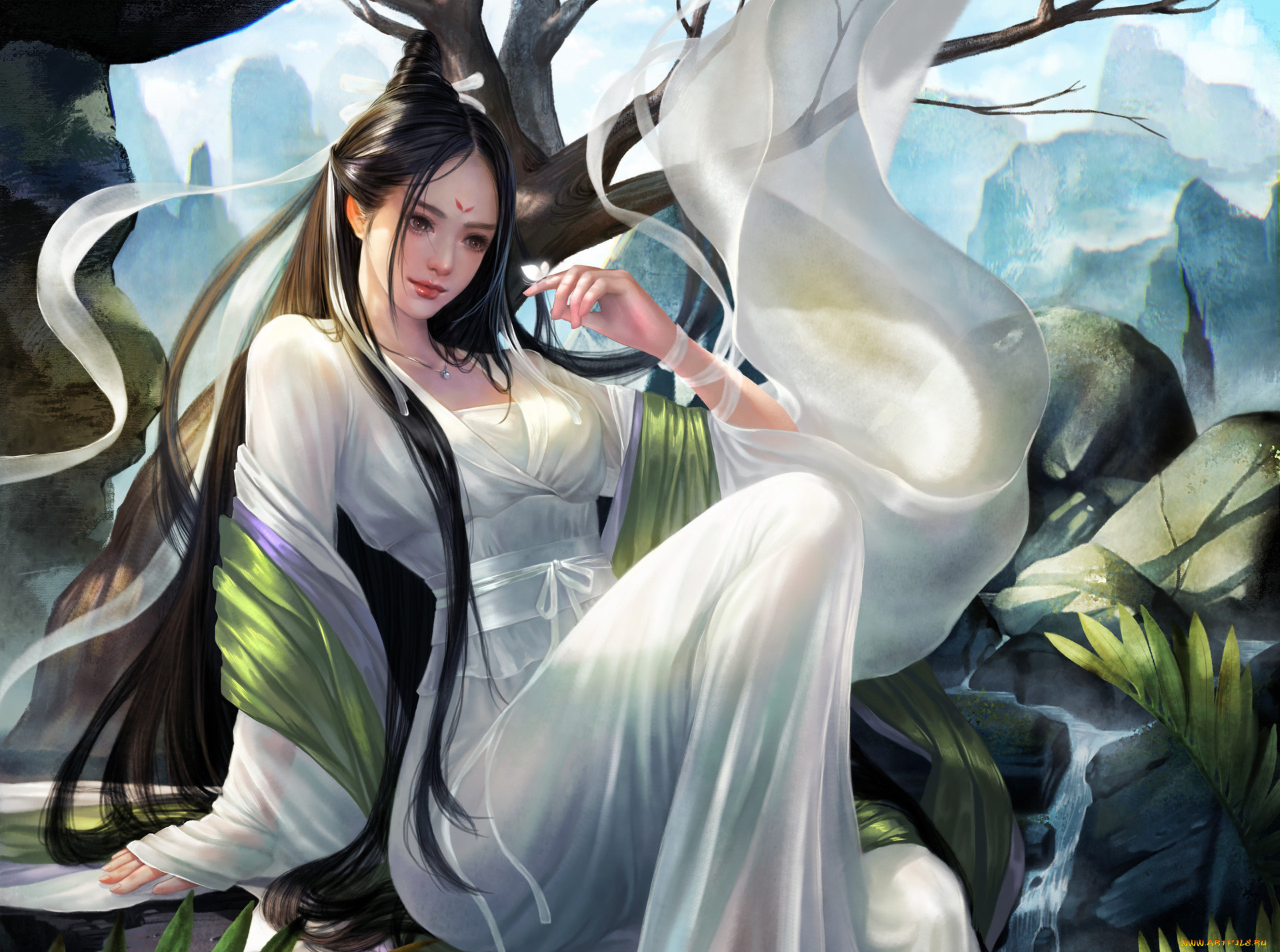 фэнтези, девушки, девушка, сидит, взгляд, арт, природа, бабочка, платье, поза