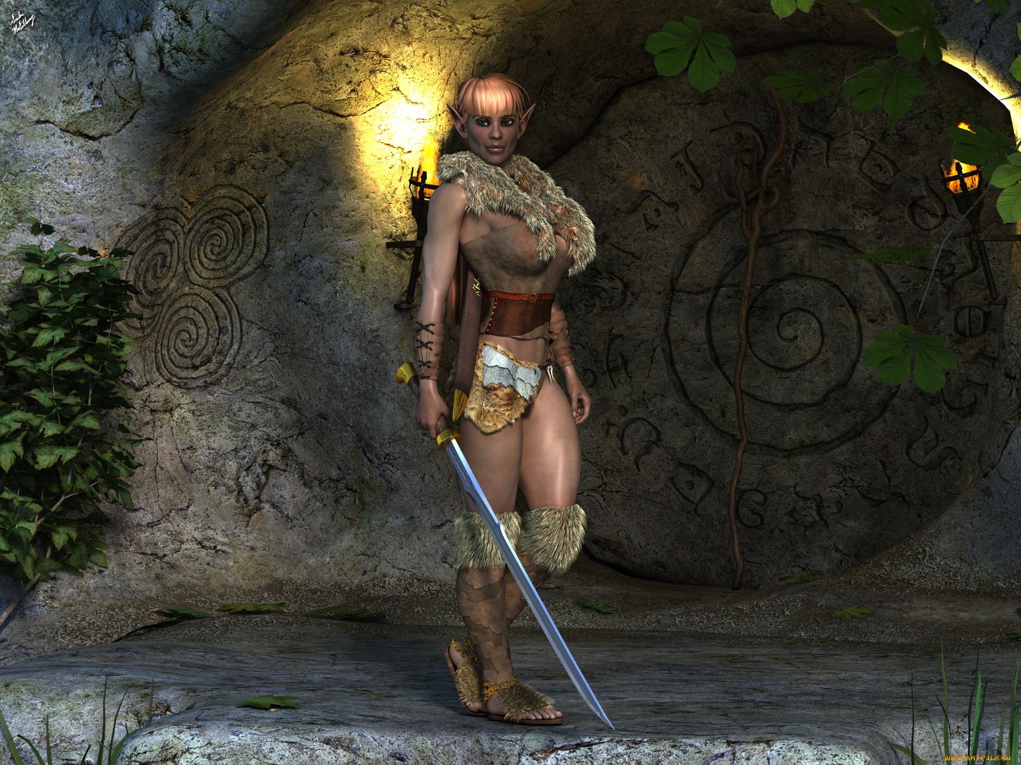 3д, графика, эльфы, , elves, эльфийка, оружие, фон, взгляд