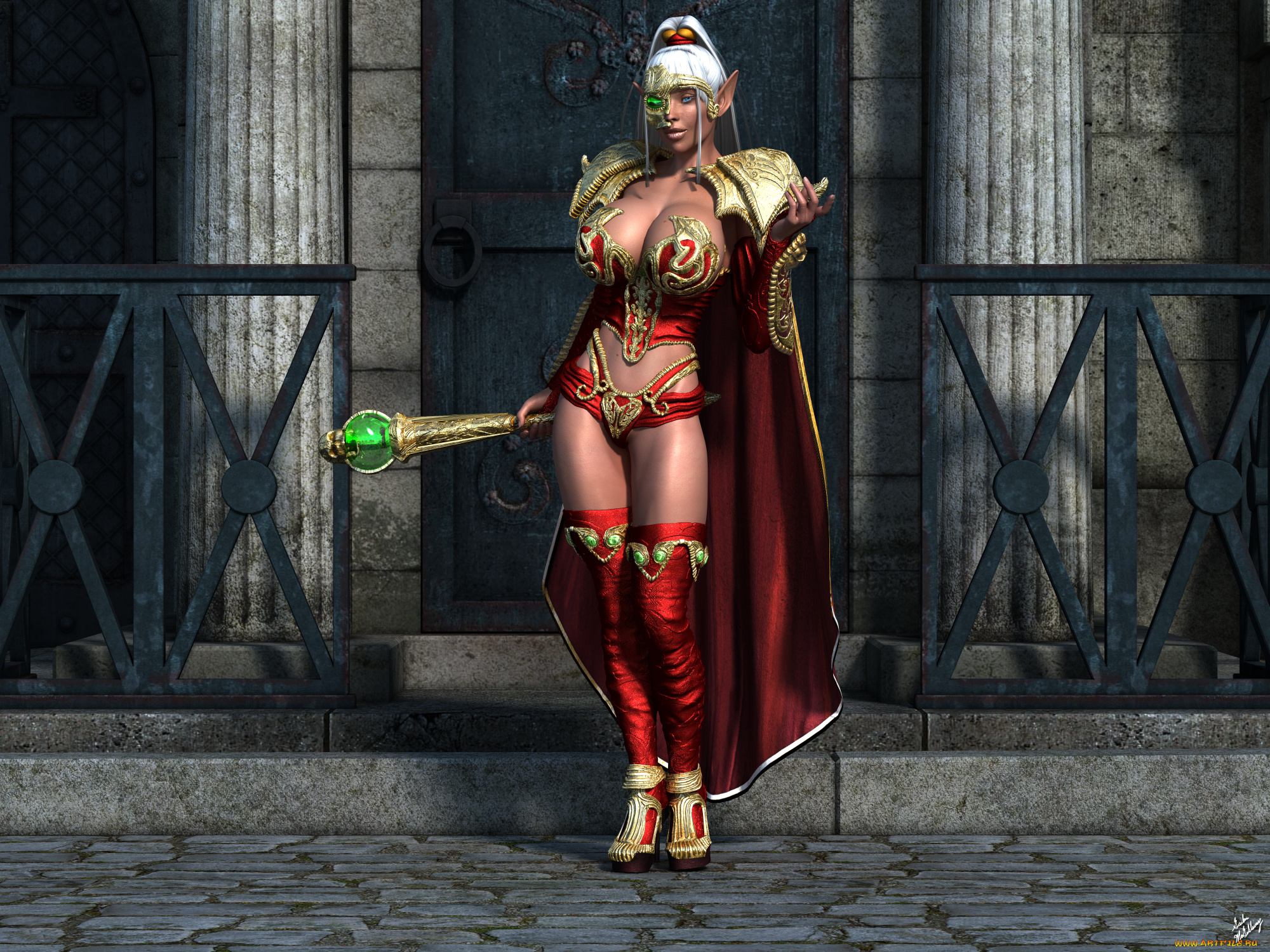 3д, графика, эльфы, , elves, взгляд, фон, тотем, эльфийка