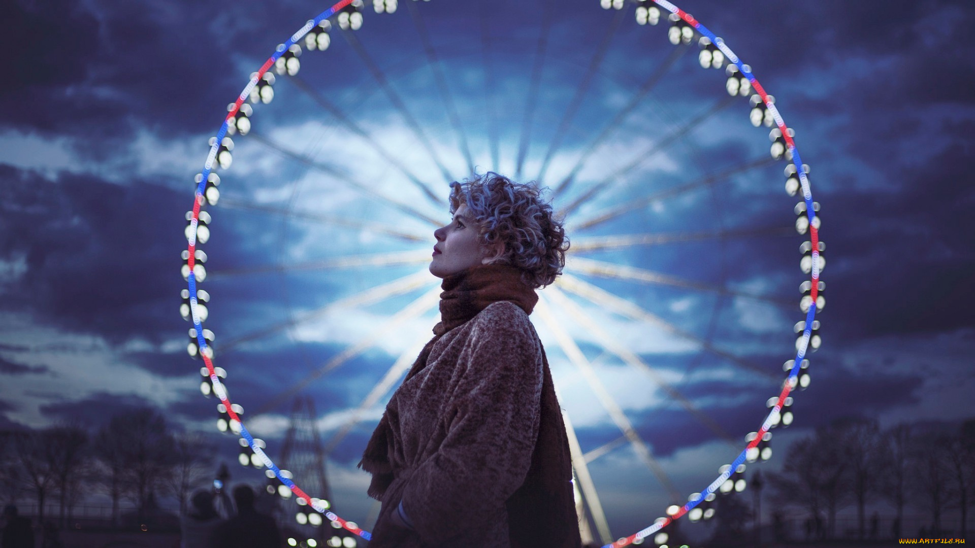 девушки, -unsort, , брюнетки, , шатенки, шарф, вечер, колесо, обозрения, парк, кудри, профиль