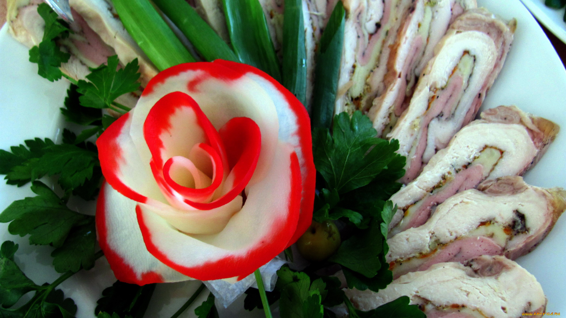 еда, колбасные, изделия, лук, петрушка, мясной, рулет