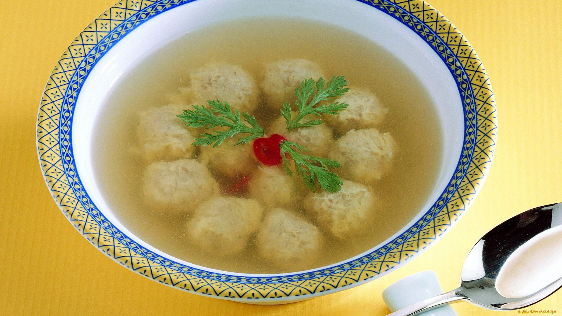 еда, первые, блюда, фрикадельки, зелень, суп