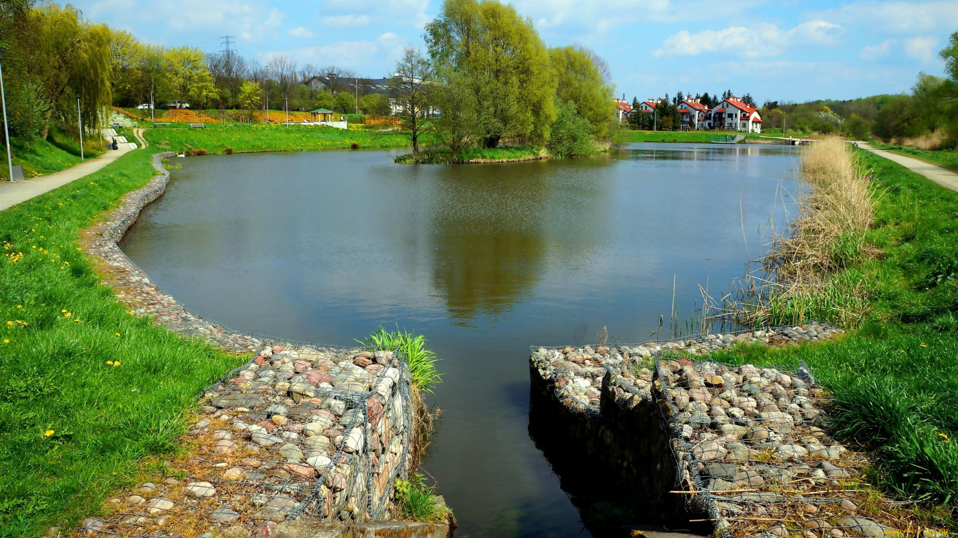 города, -, пейзажи, дома, деревья, островок, пруд