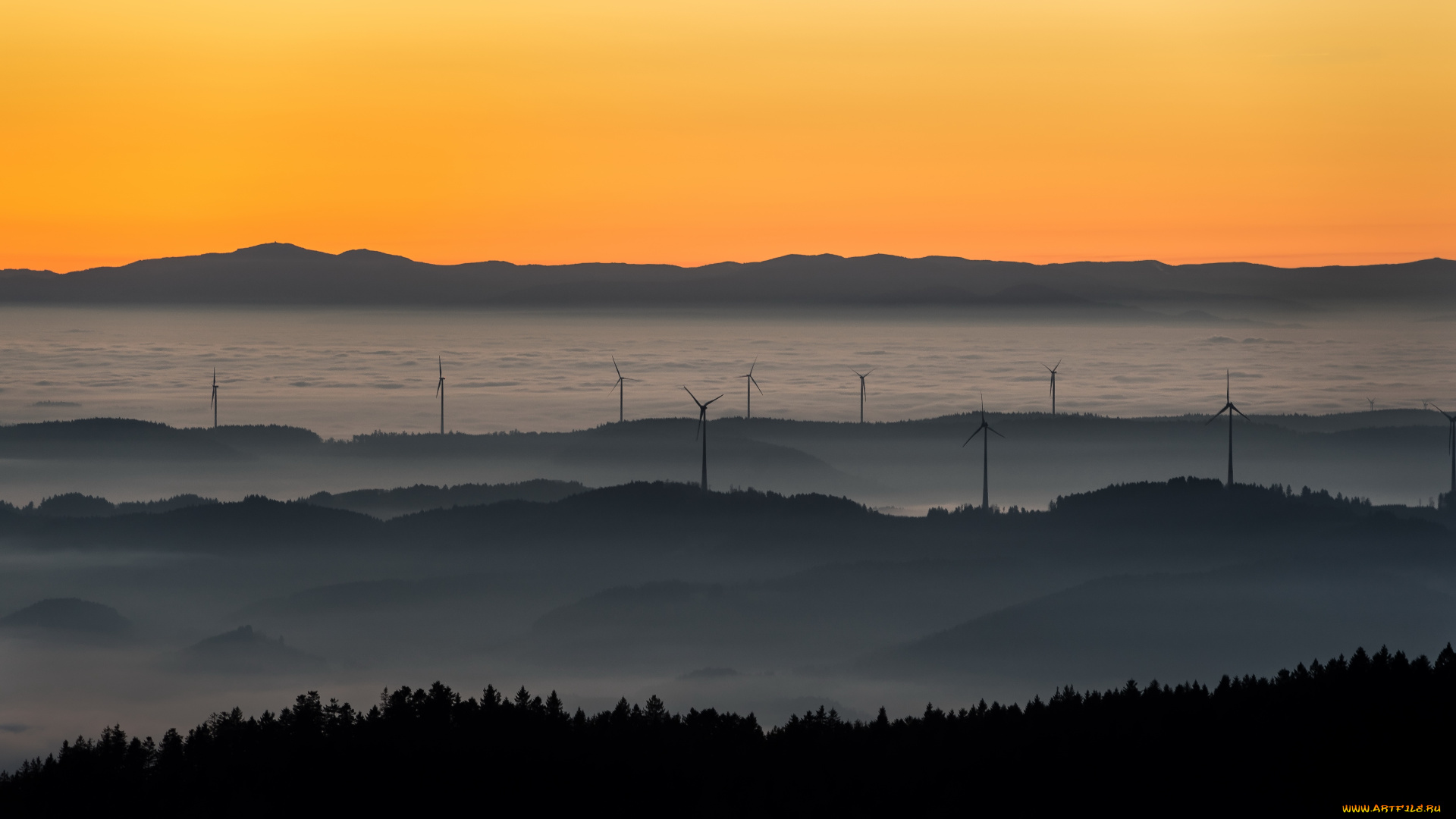 разное, мельницы, ветряки, утро, туман
