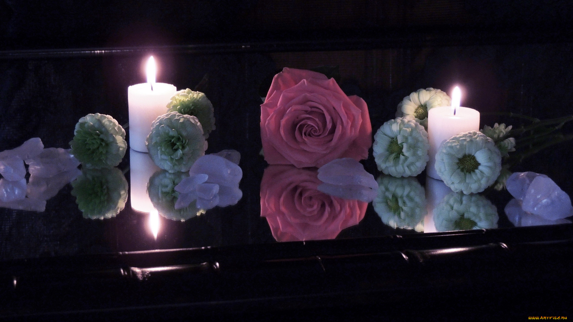разное, свечи, роза, огоньки