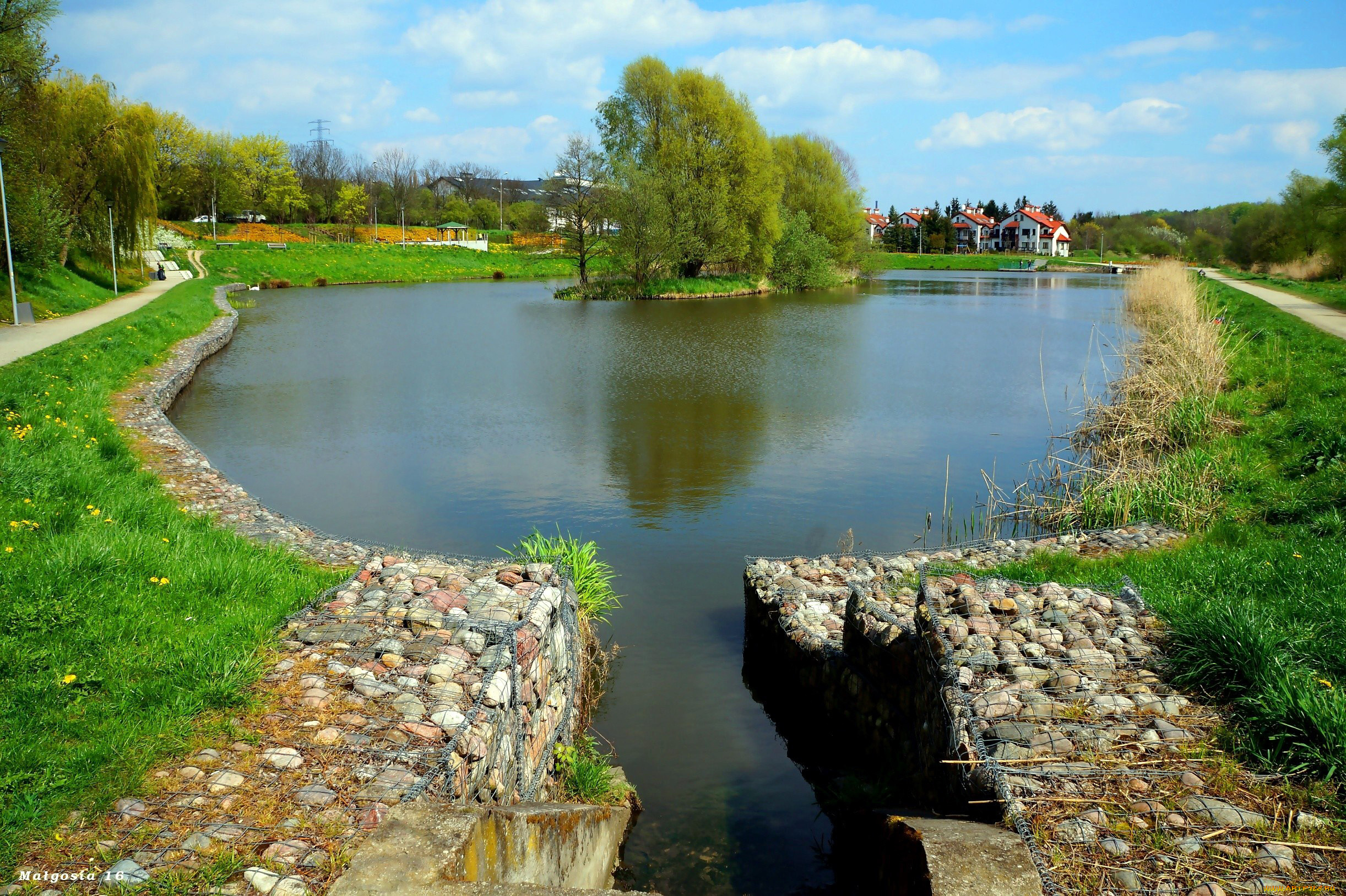 города, -, пейзажи, дома, деревья, островок, пруд