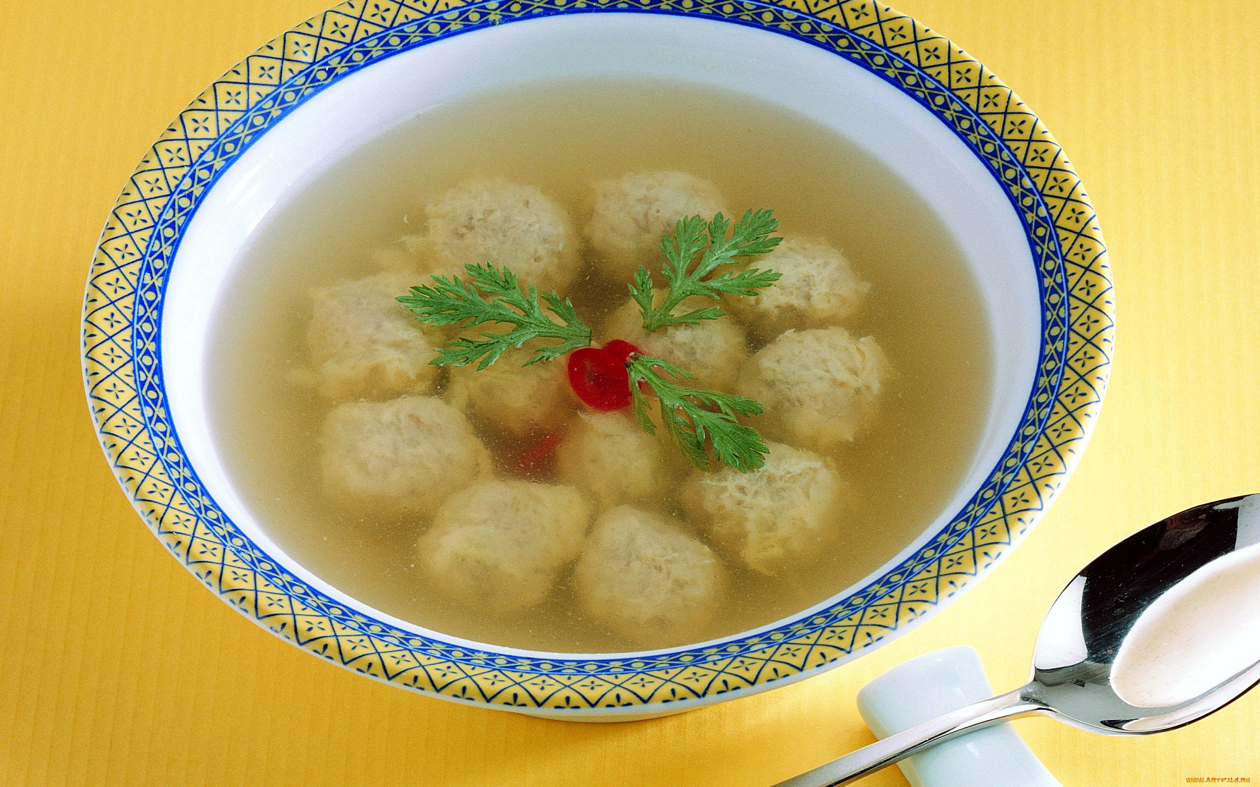 еда, первые, блюда, фрикадельки, зелень, суп