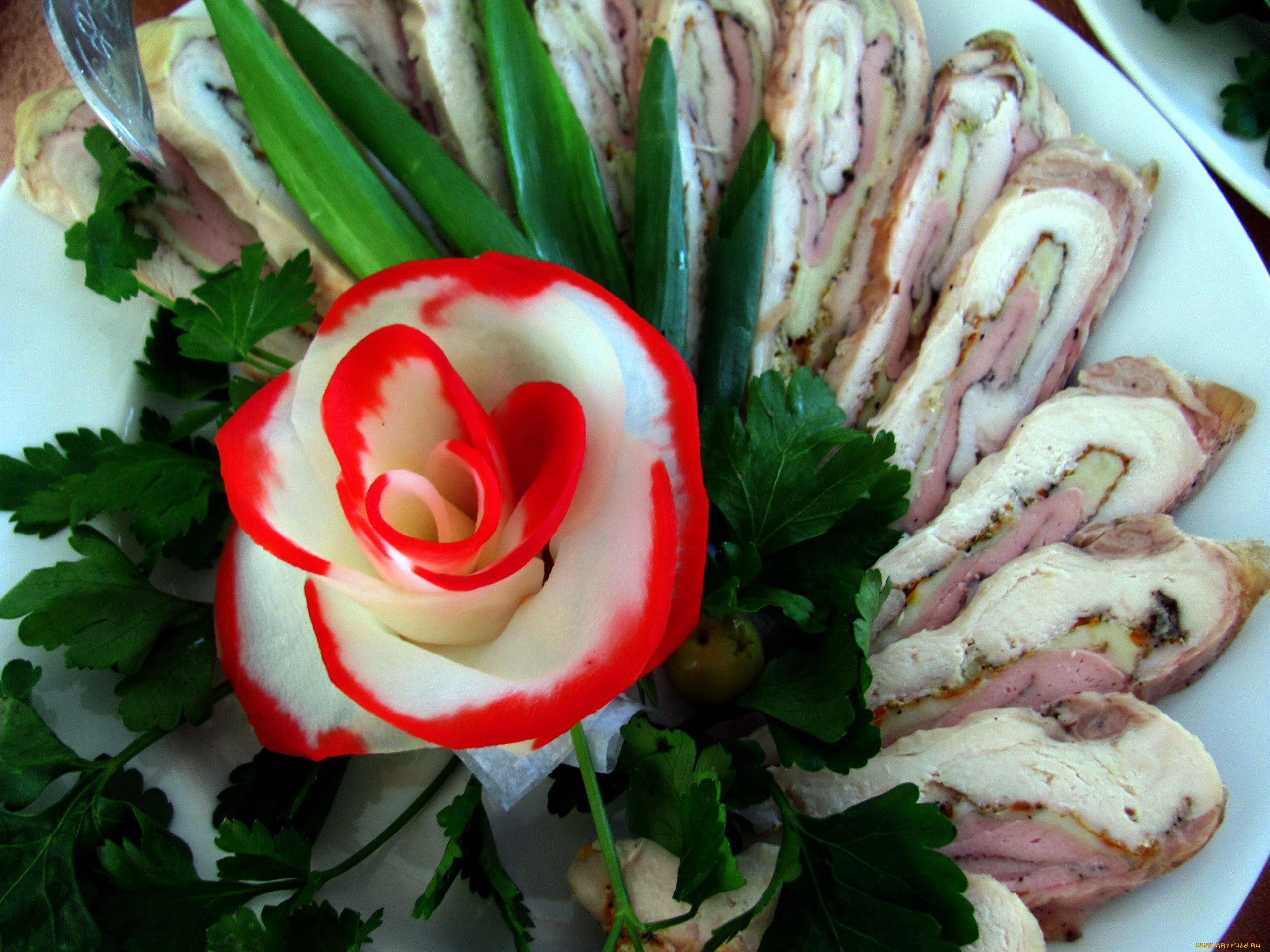 еда, колбасные, изделия, лук, петрушка, мясной, рулет