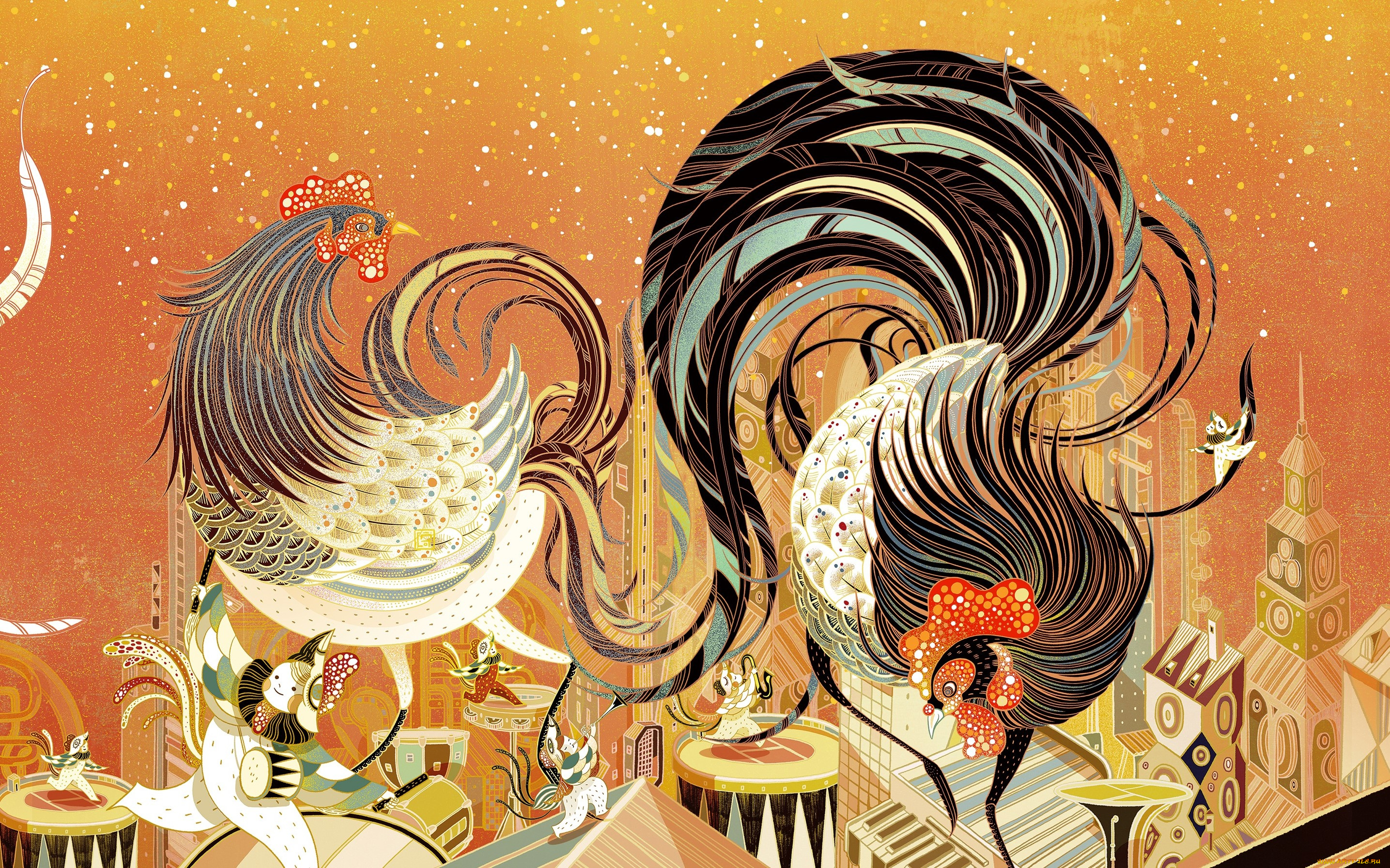 праздничные, векторная, графика, , новый, год, петух, фон