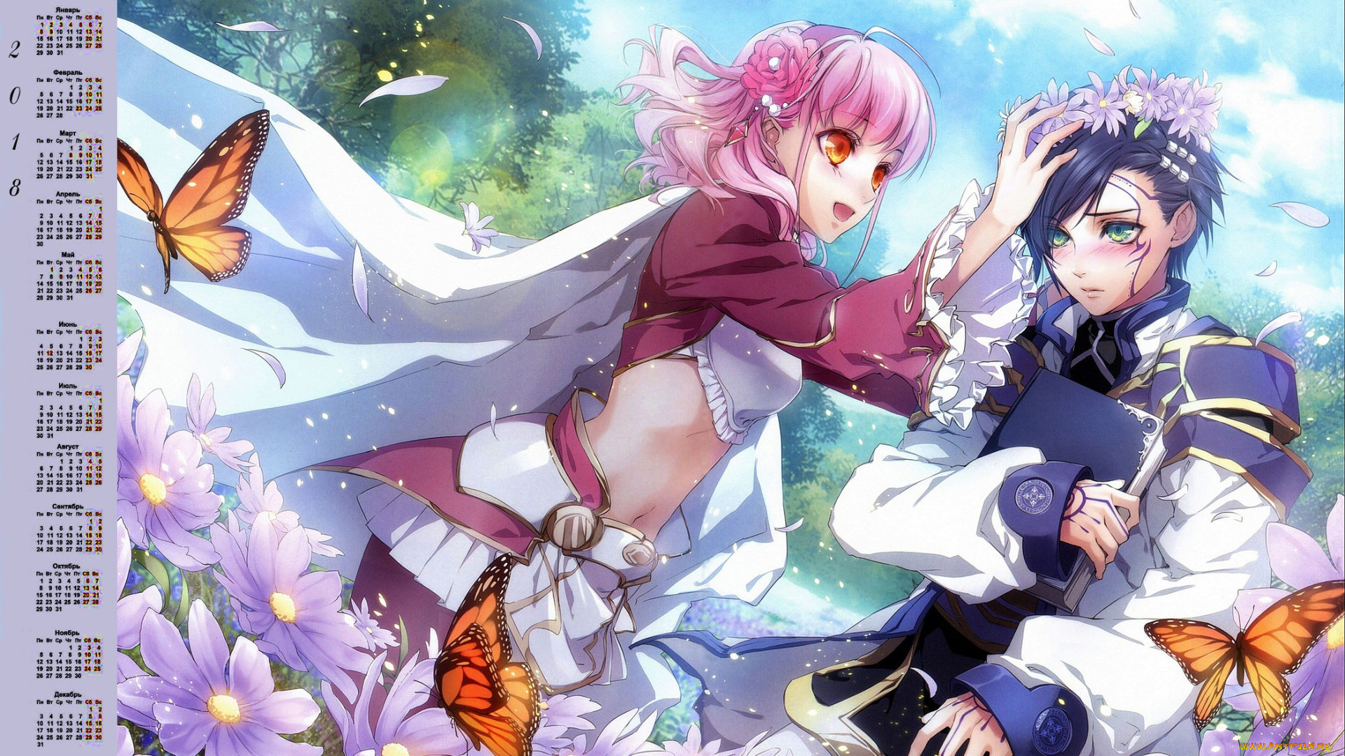 календари, аниме, бабочка, цветы, венок, взгляд, девушка, 2018