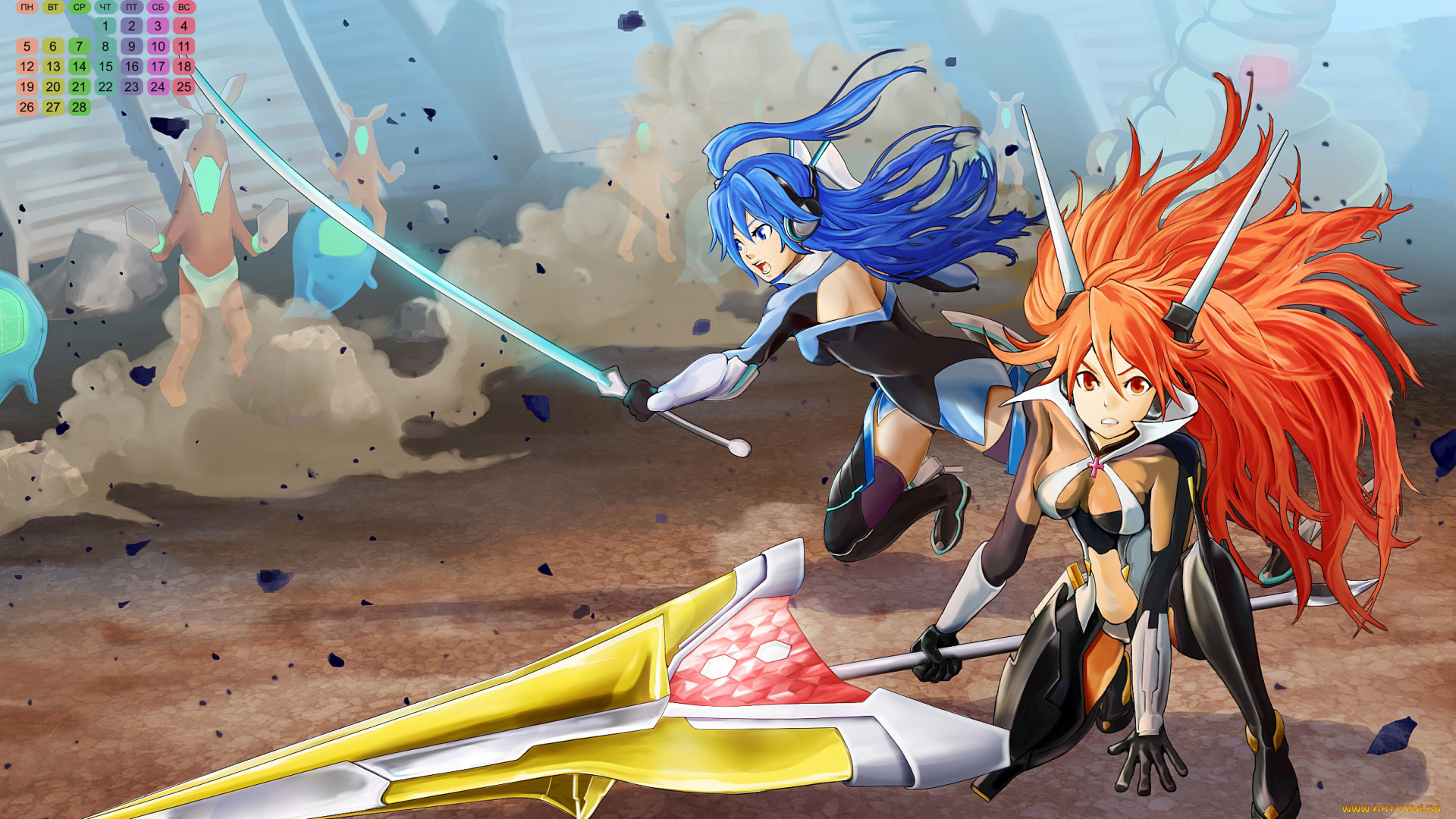 календари, аниме, девушка, лицо, взгляд, оружие, двое, 2018