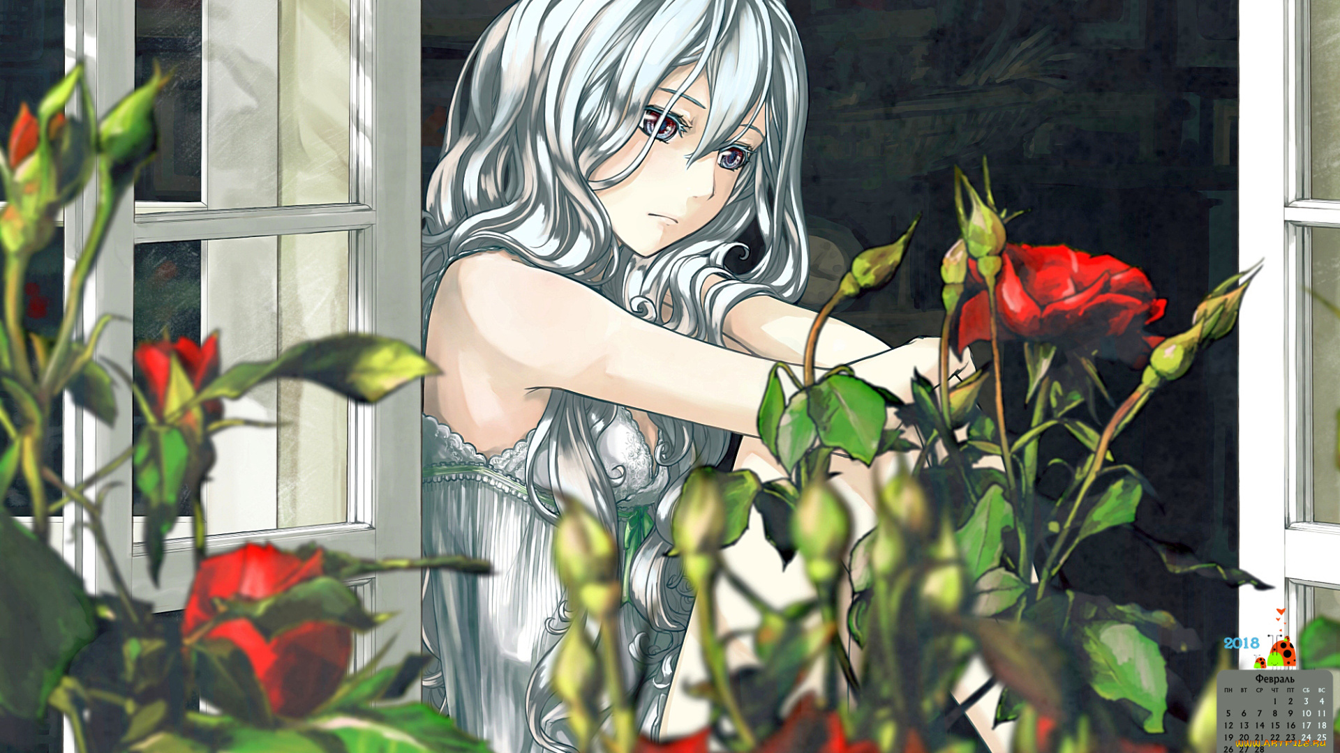календари, аниме, профиль, цветы, 2018, девушка, лицо, взгляд