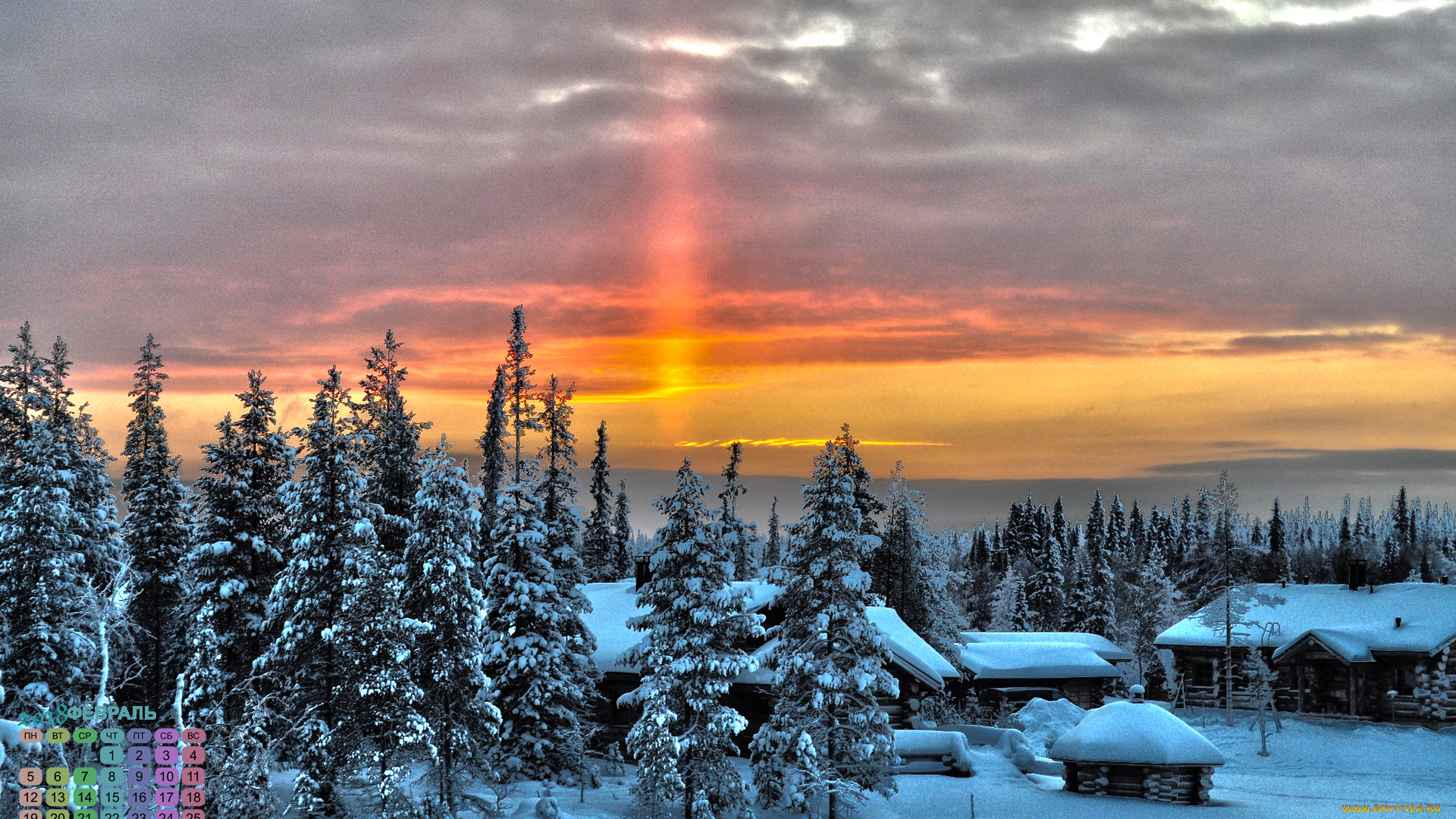 календари, города, закат, изба, 2018, снег, деревья
