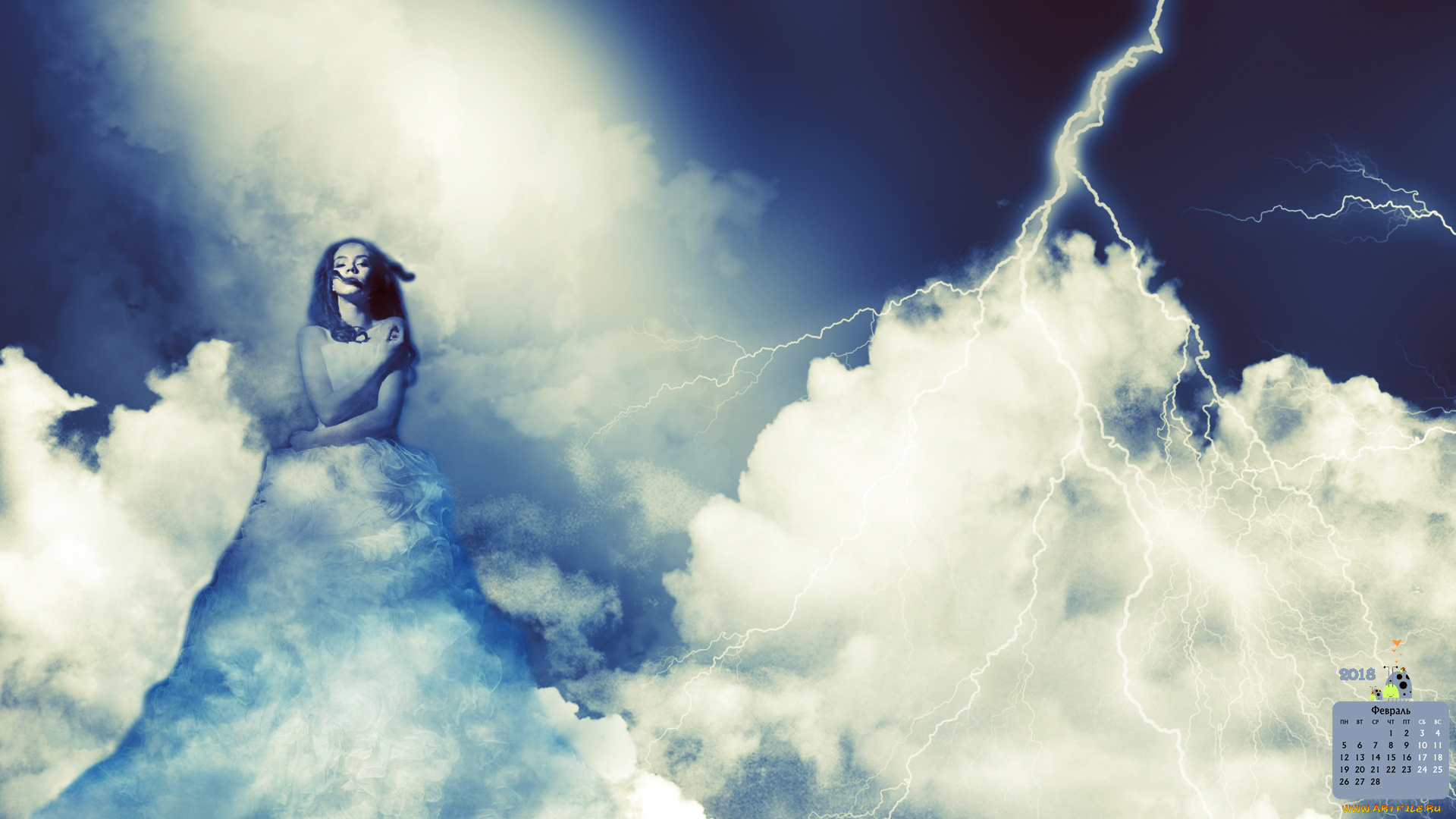 календари, компьютерный, дизайн, молния, взгляд, 2018, девушка, облака