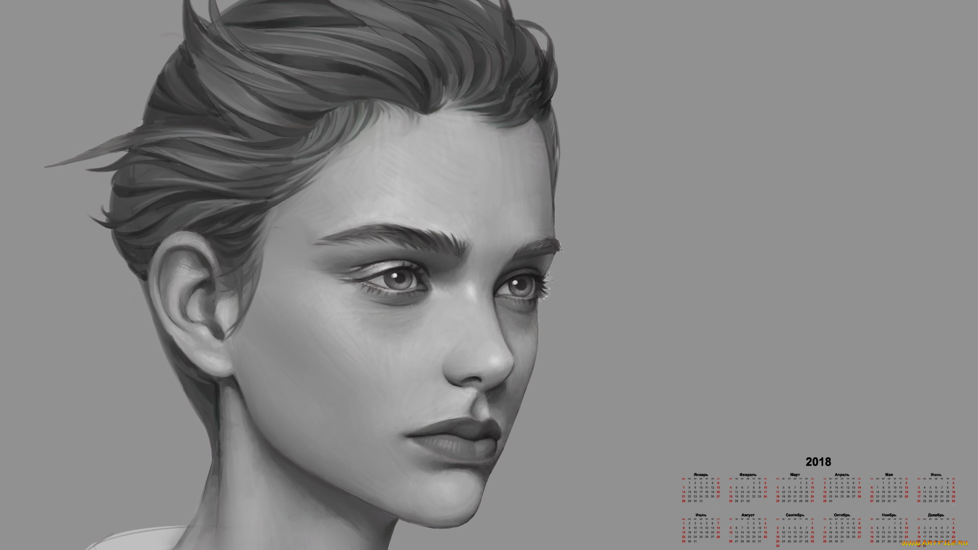 календари, рисованные, , векторная, графика, лицо, взгляд, 2018
