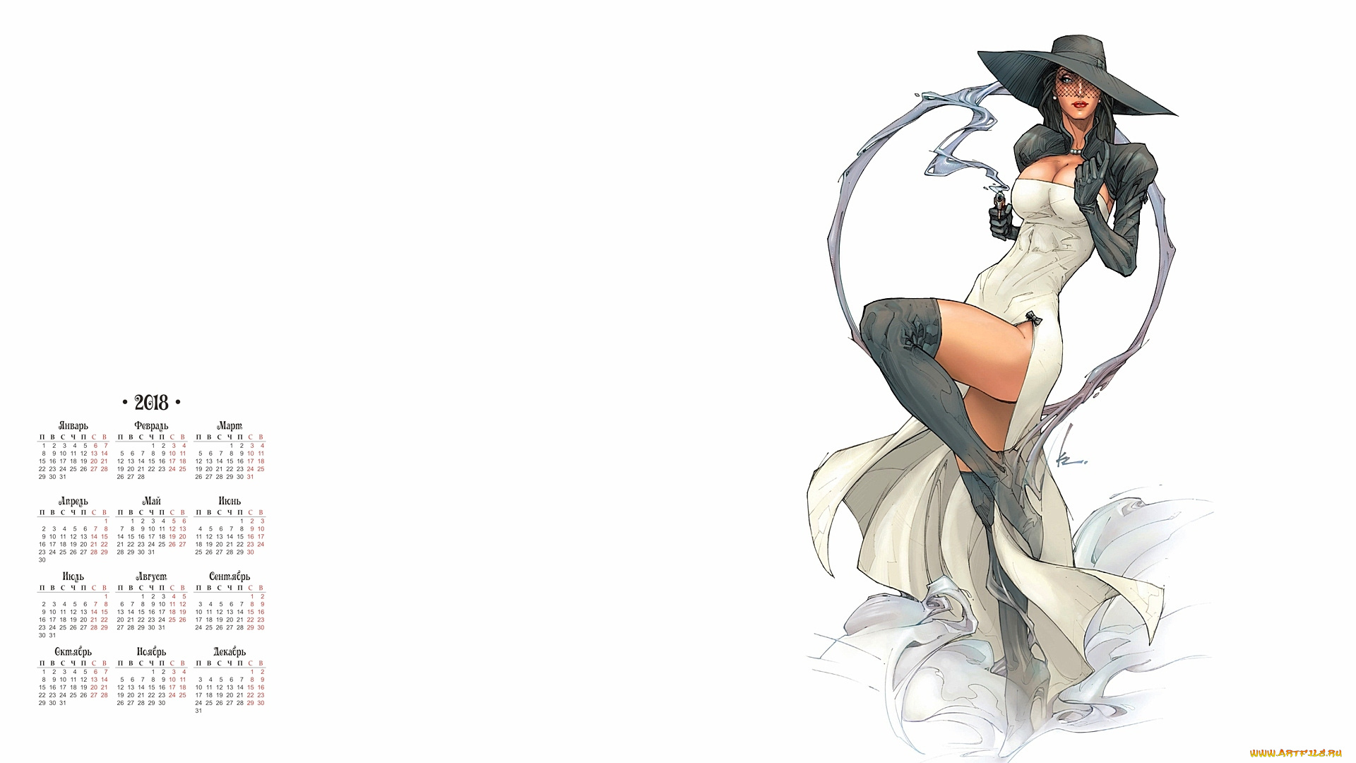 календари, рисованные, , векторная, графика, 2018, пистолет, женщина, взгляд, шляпа