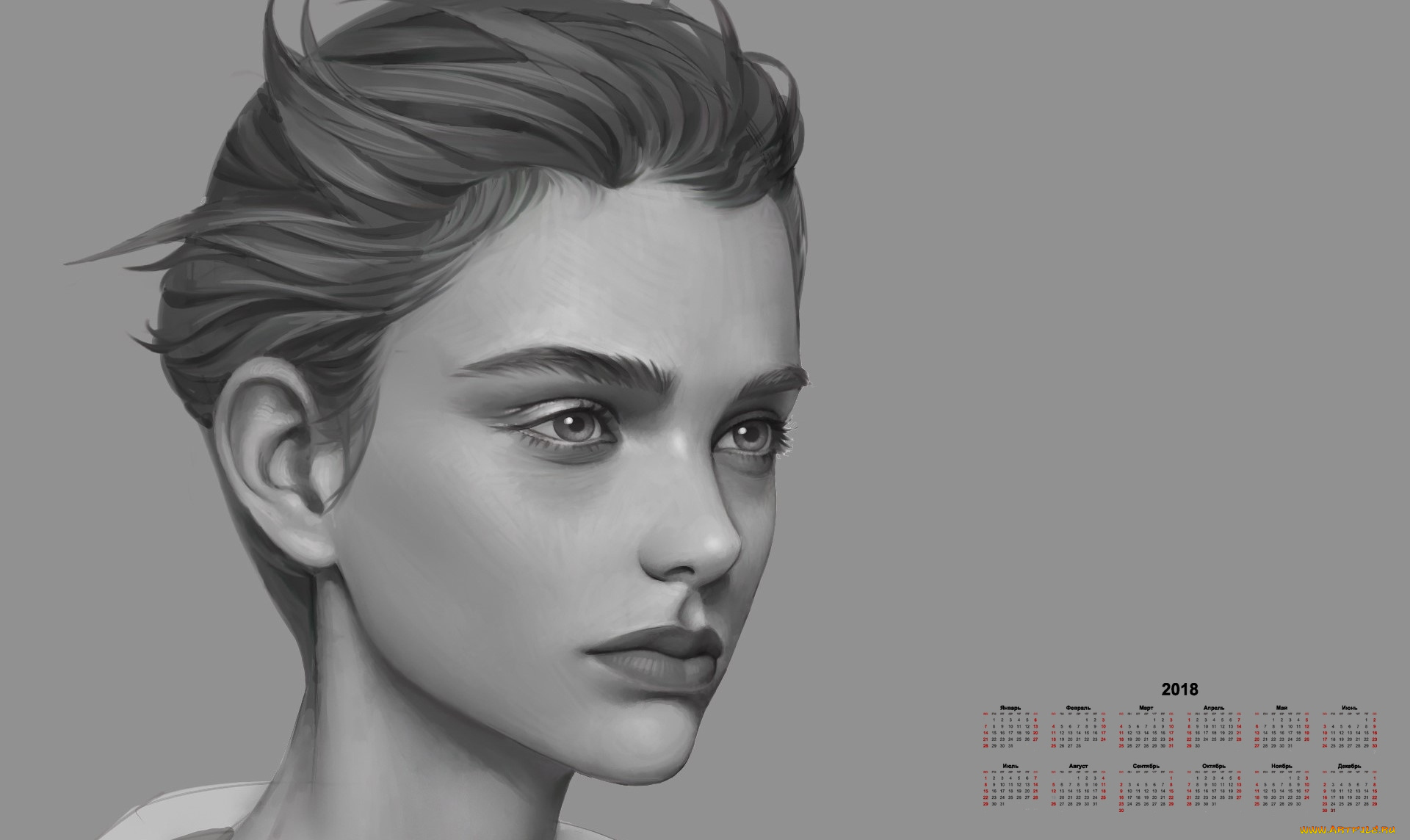 календари, рисованные, , векторная, графика, лицо, взгляд, 2018