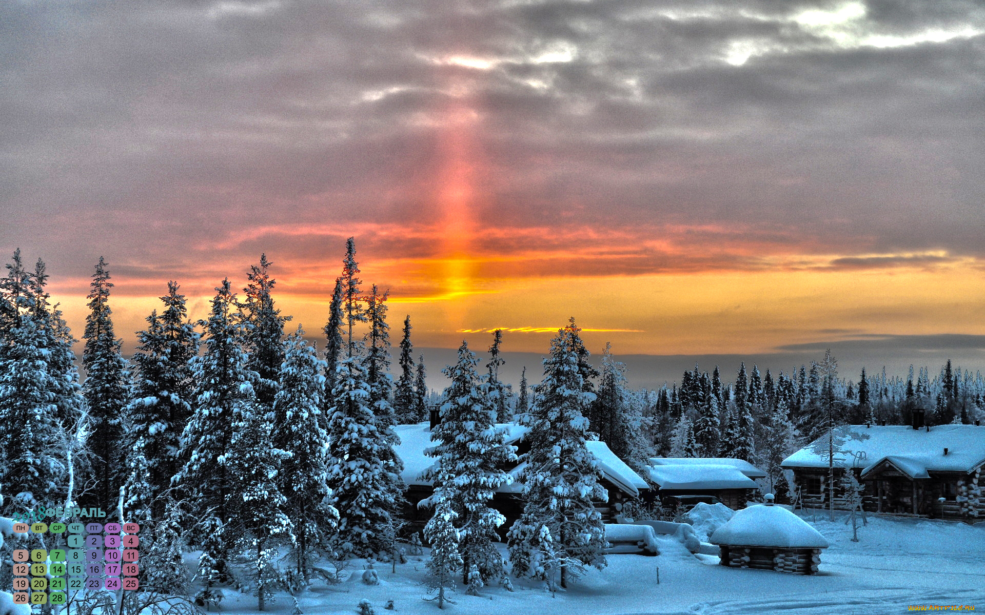 календари, города, закат, изба, 2018, снег, деревья