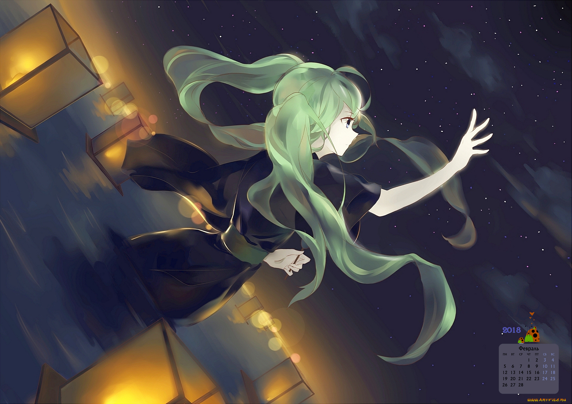 календари, аниме, фонарь, профиль, взгляд, 2018, девушка
