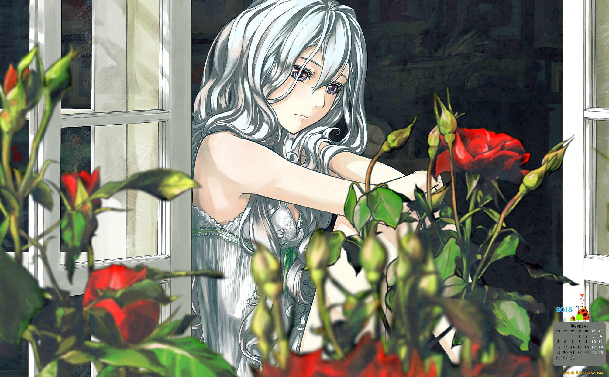 календари, аниме, профиль, цветы, 2018, девушка, лицо, взгляд