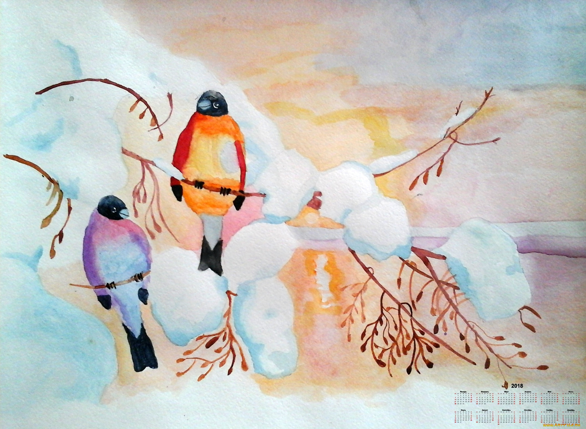 календари, рисованные, , векторная, графика, 2018, птица