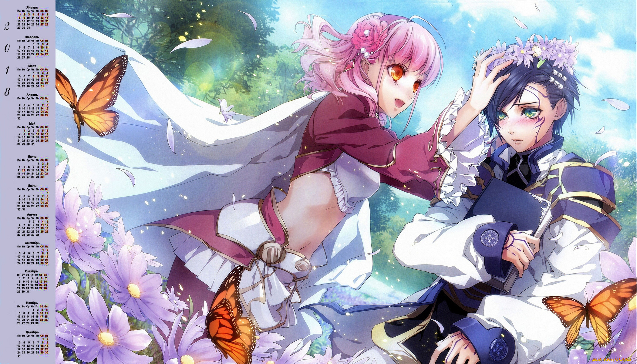 календари, аниме, бабочка, цветы, венок, взгляд, девушка, 2018