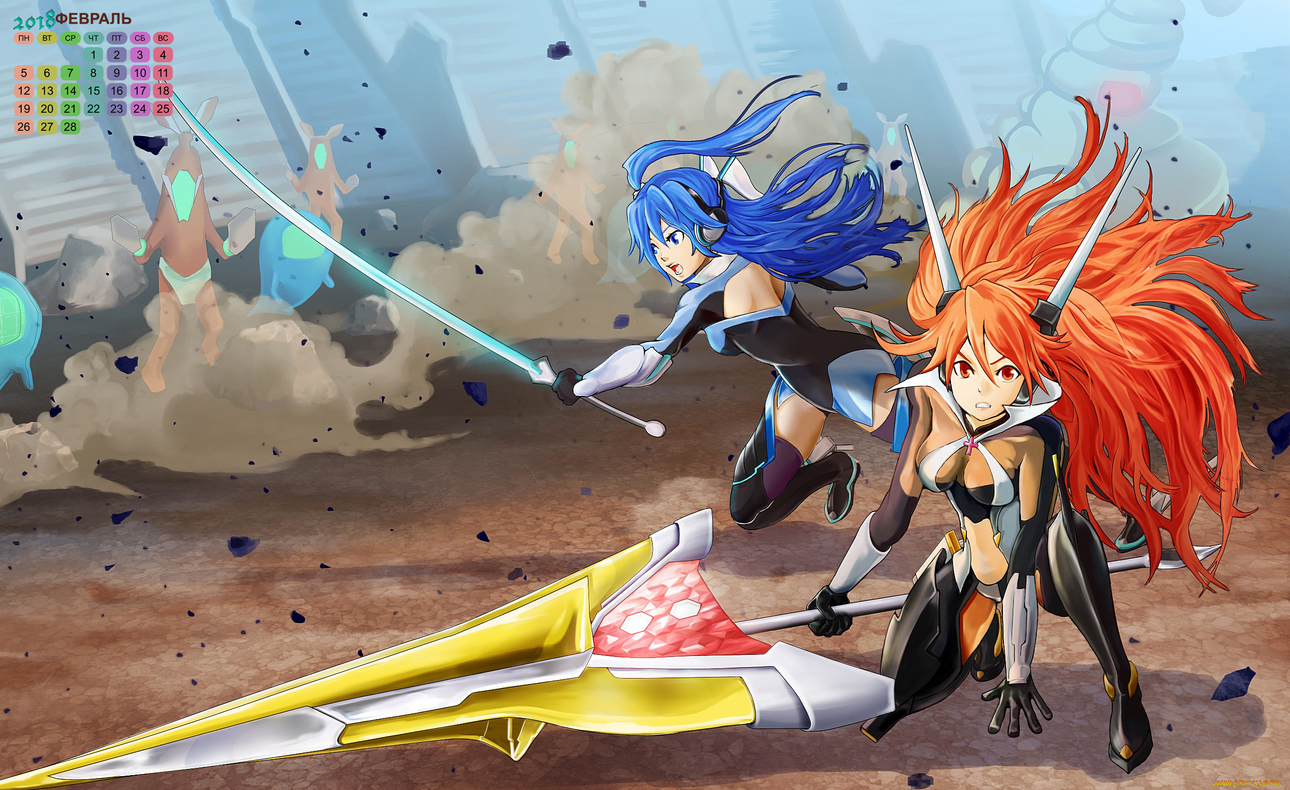 календари, аниме, девушка, лицо, взгляд, оружие, двое, 2018