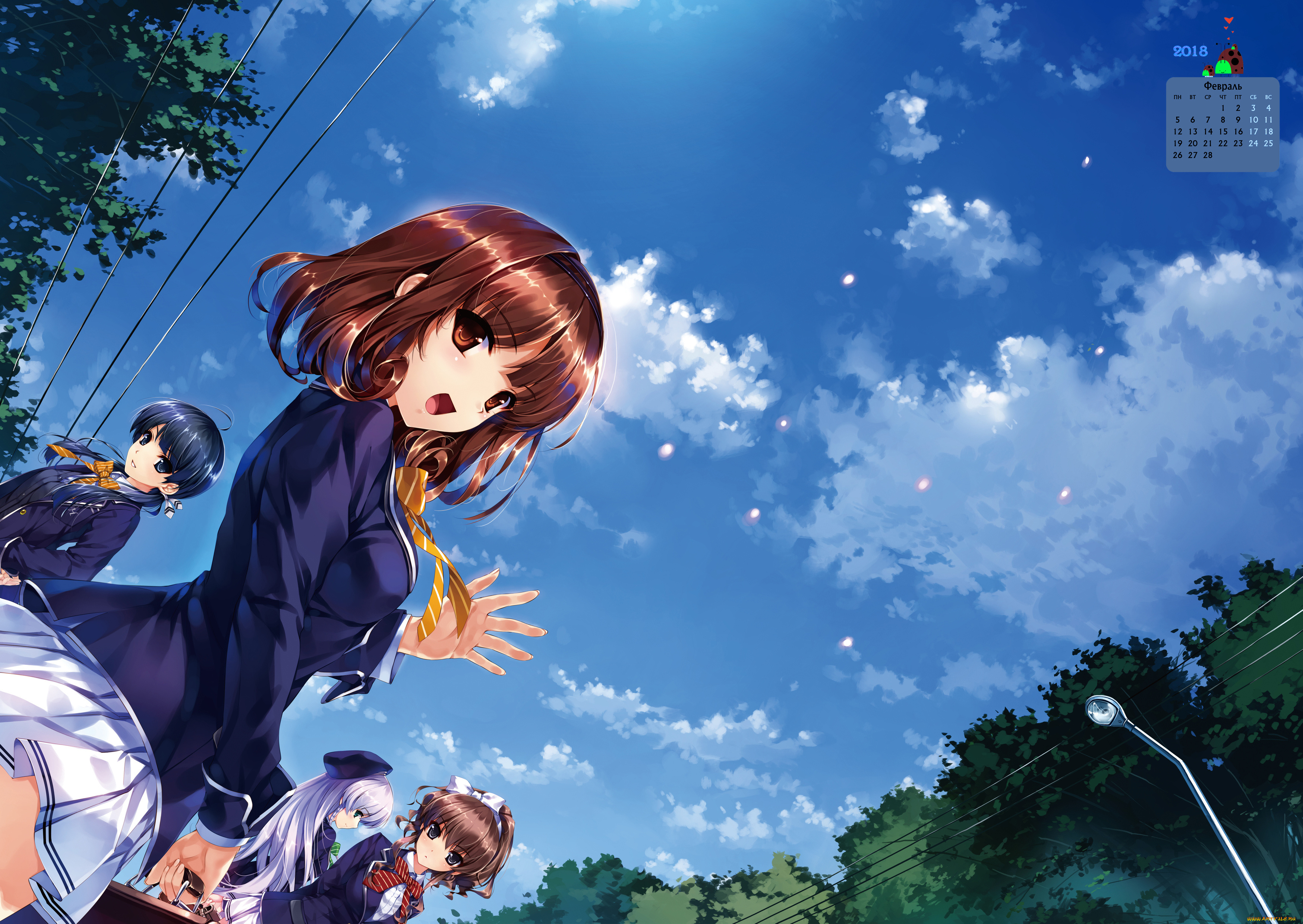 календари, аниме, взгляд, девушка, 2018, облака