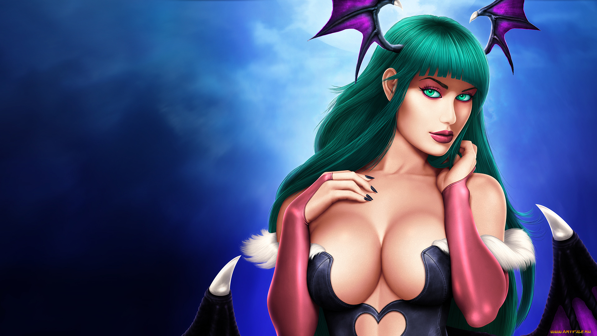 darkstalkers, аниме, крылья, фон, взгляд, девушка