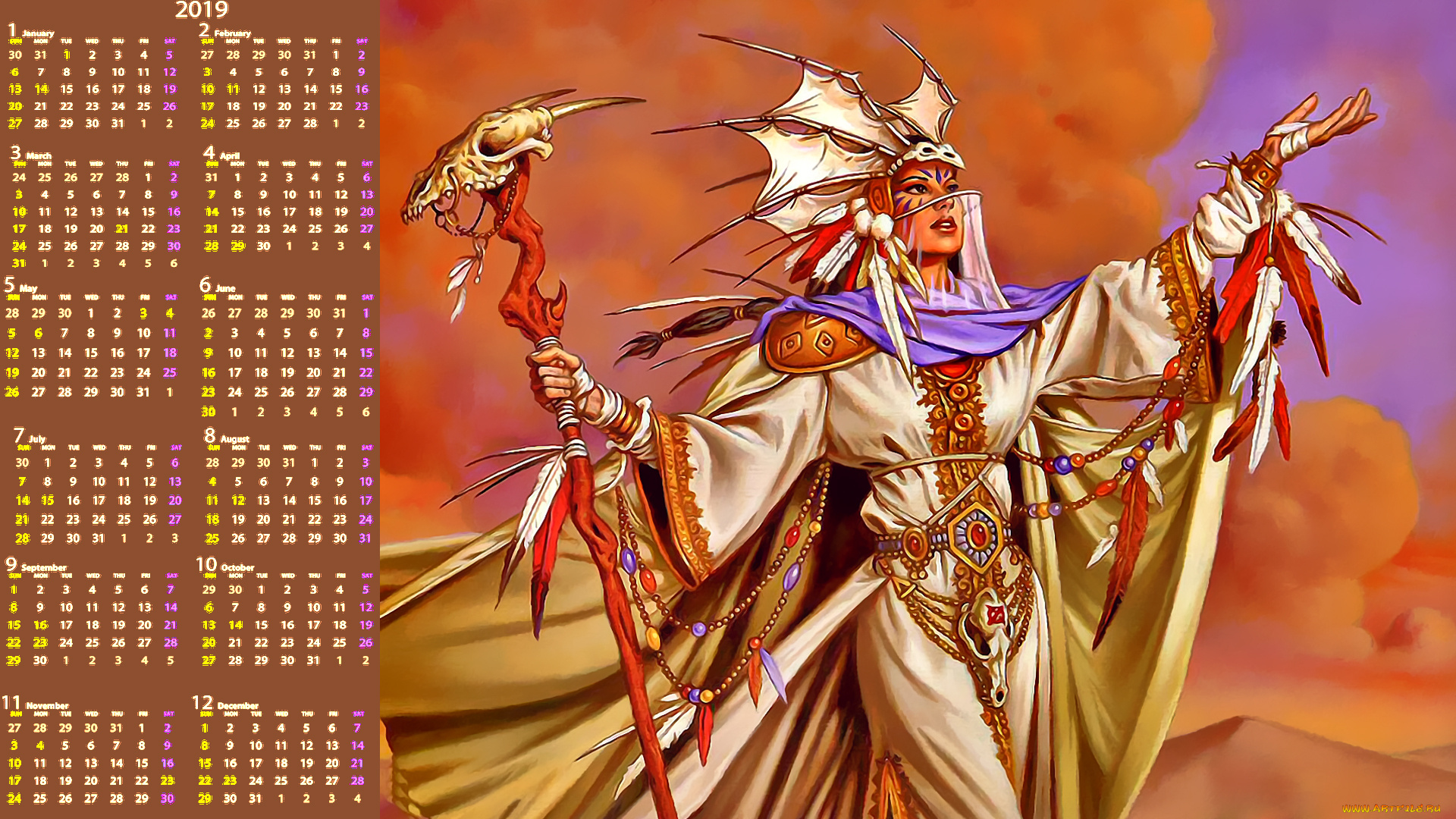 календари, фэнтези, череп, девушка, посох