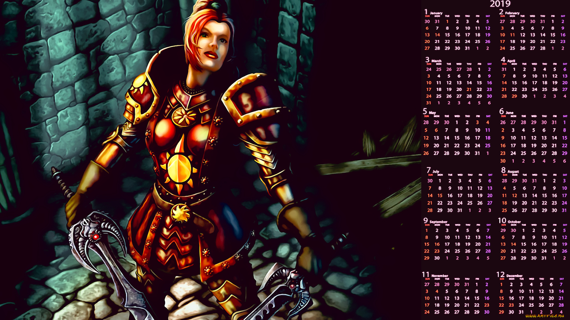 календари, фэнтези, девушка, оружие, доспехи
