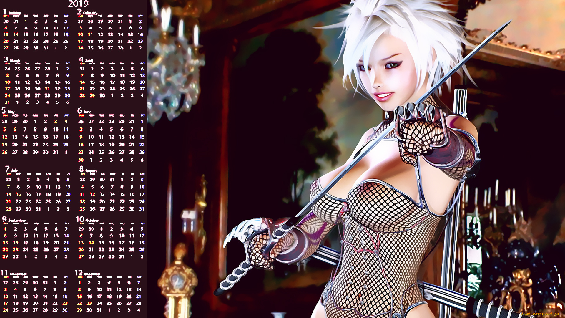 календари, фэнтези, помещение, девушка, оружие, женщина