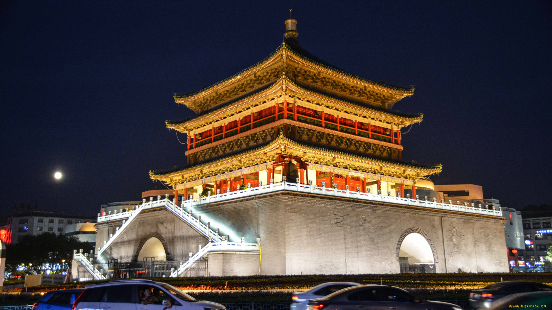 колокольная, башня, города, -, буддийские, и, другие, храмы, освещение, вечер, достопримечательности, башня, колокольная, китай, сиань