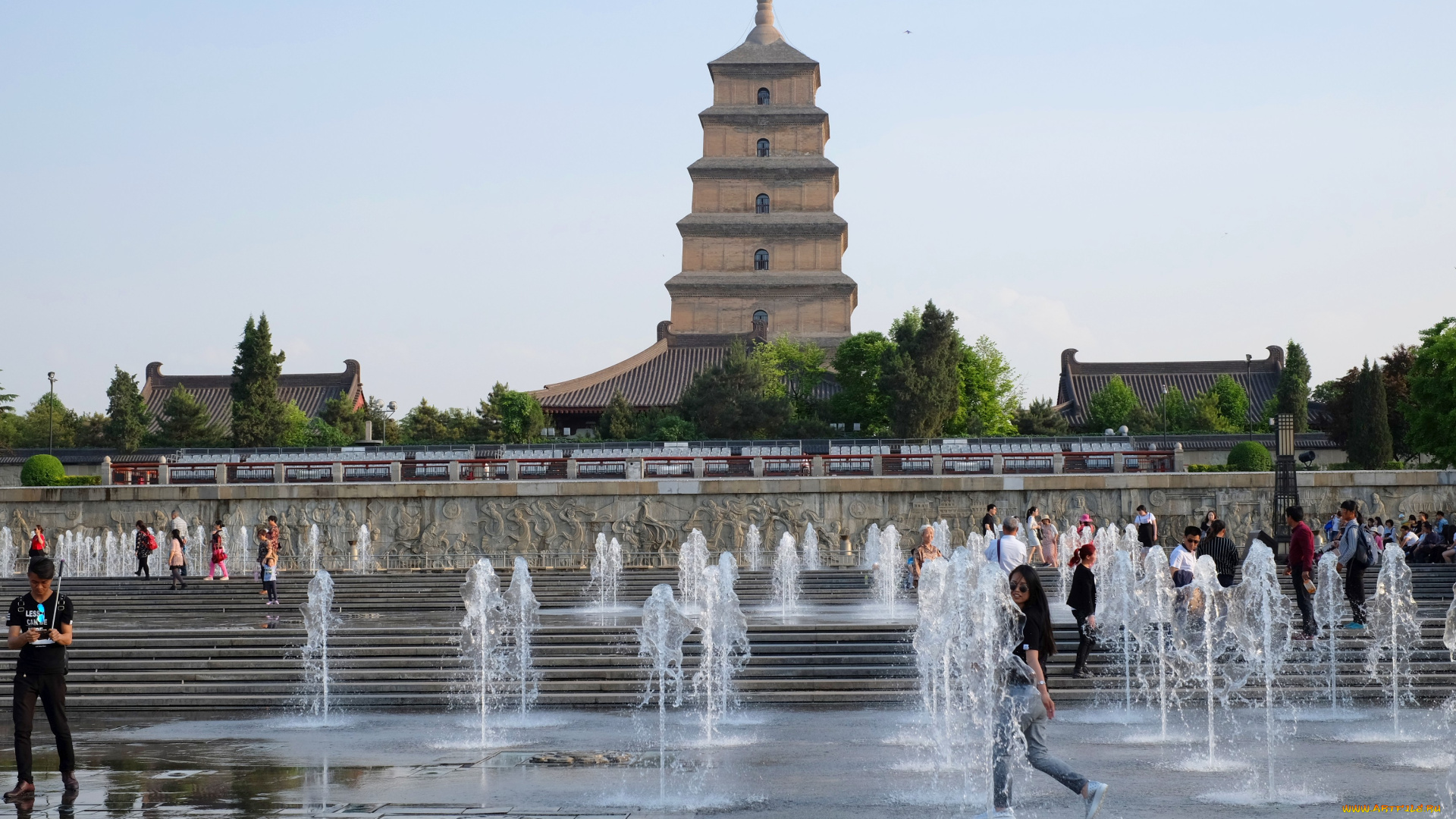 пагода, диких, гусей, города, -, фонтаны, фонтаны, буддизм, религия, культура, гусей, пагода, диких, достопримечательности, китай, сиань