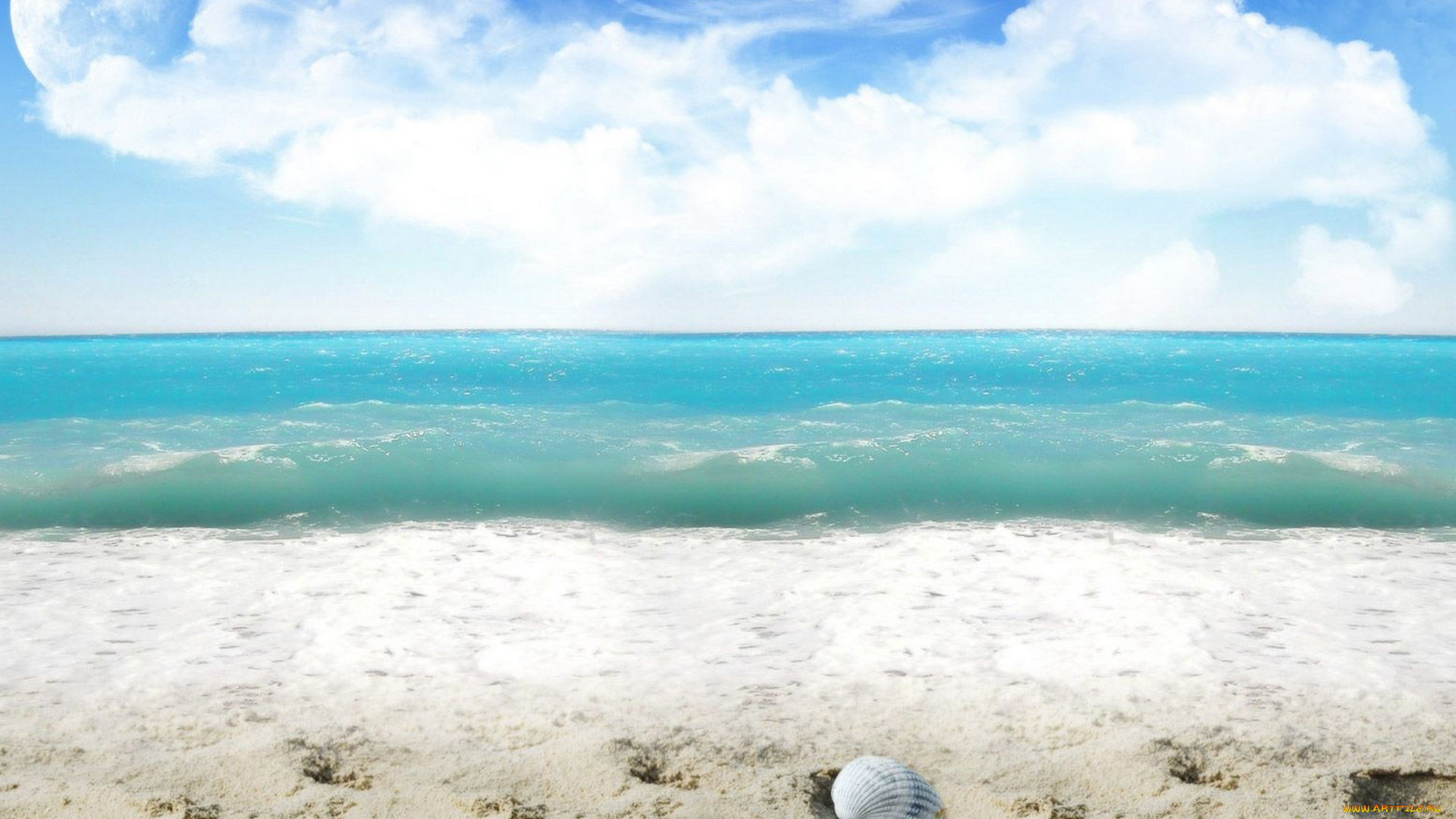 природа, побережье, песок, море, облака, ракушка